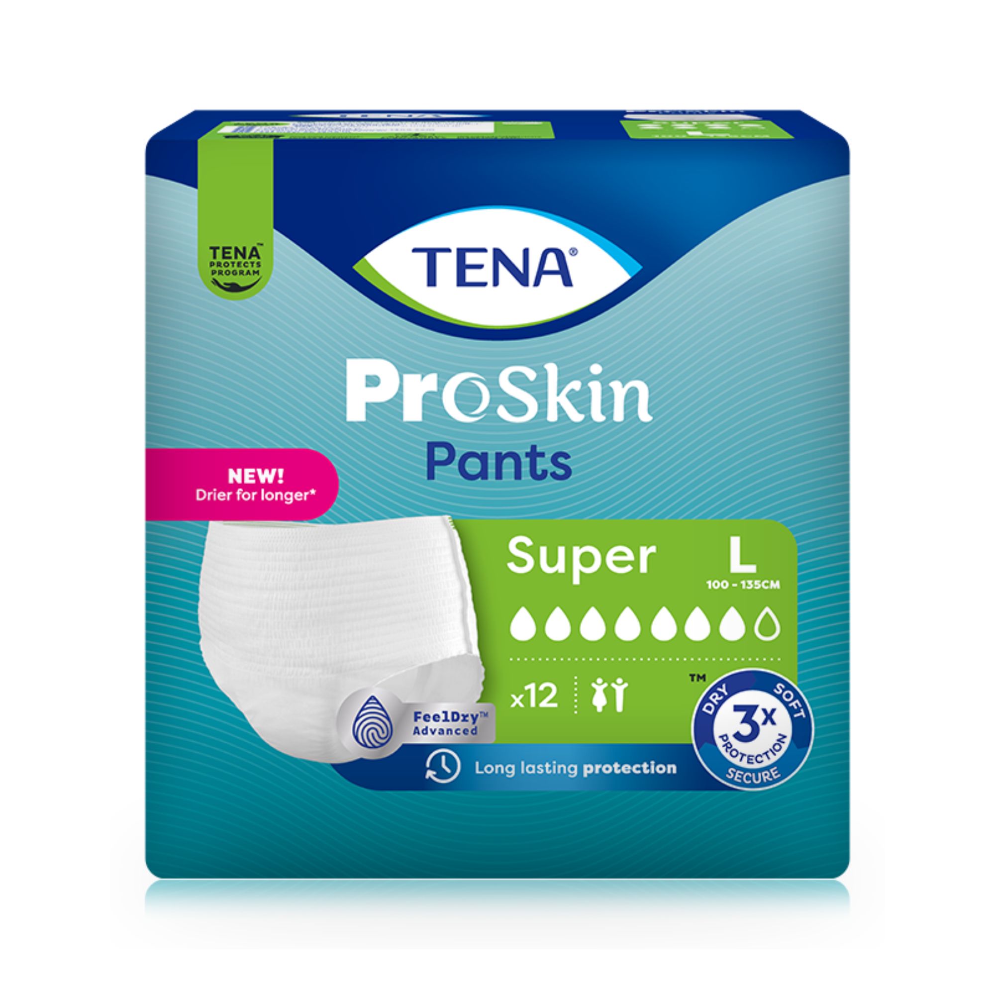 Verpackung von TENA ProSkin Pants Super L. Blaue Verpackung mit Produktabbildung und Produktbezeichnung. Größe L, 12 Stück.
