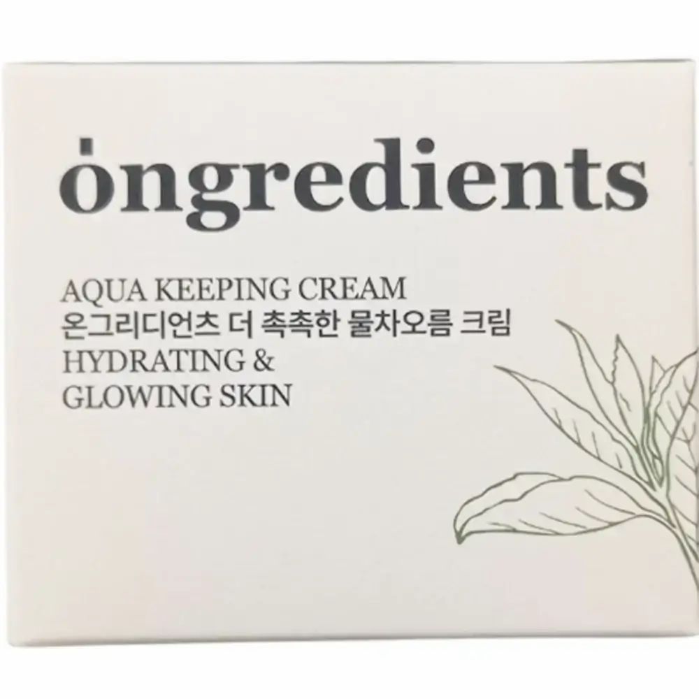 Weiße Produktverpackung. Aufschrift: Ongredients, Aqua Keeping Cream, Hydrating & Glowing Skin. Mit grünen Blättern.