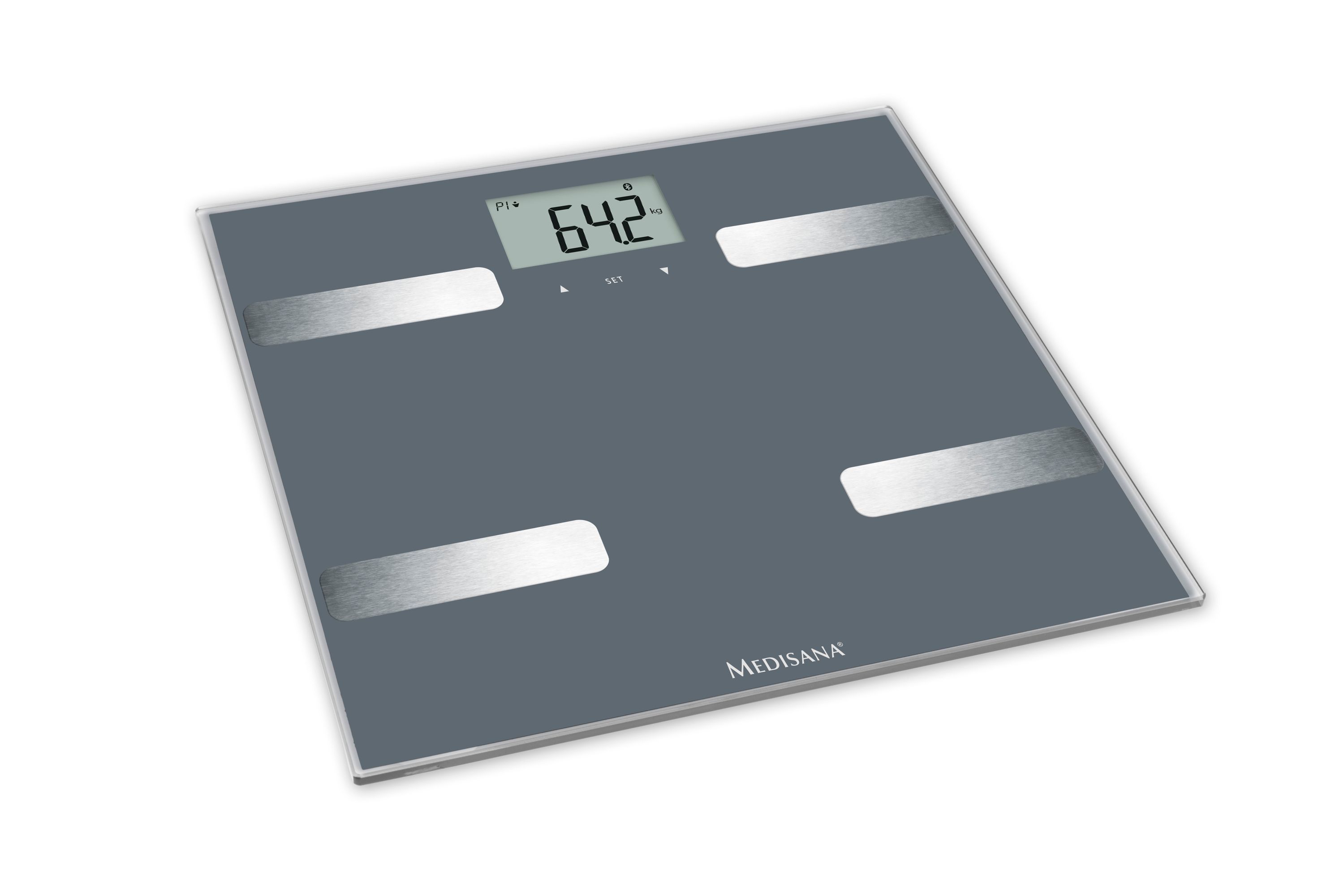 Körperanalysewaage mit digitaler Anzeige. Graue Oberfläche, silberne Kontaktflächen. Gewichtsanzeige: 64,2 kg.
