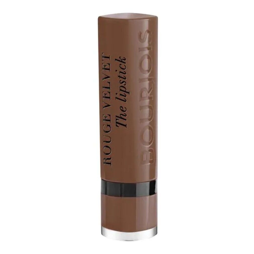 Brauner Lippenstift mit schwarzem Sockel. Aufschrift: ROUGE VELVET The lipstick.