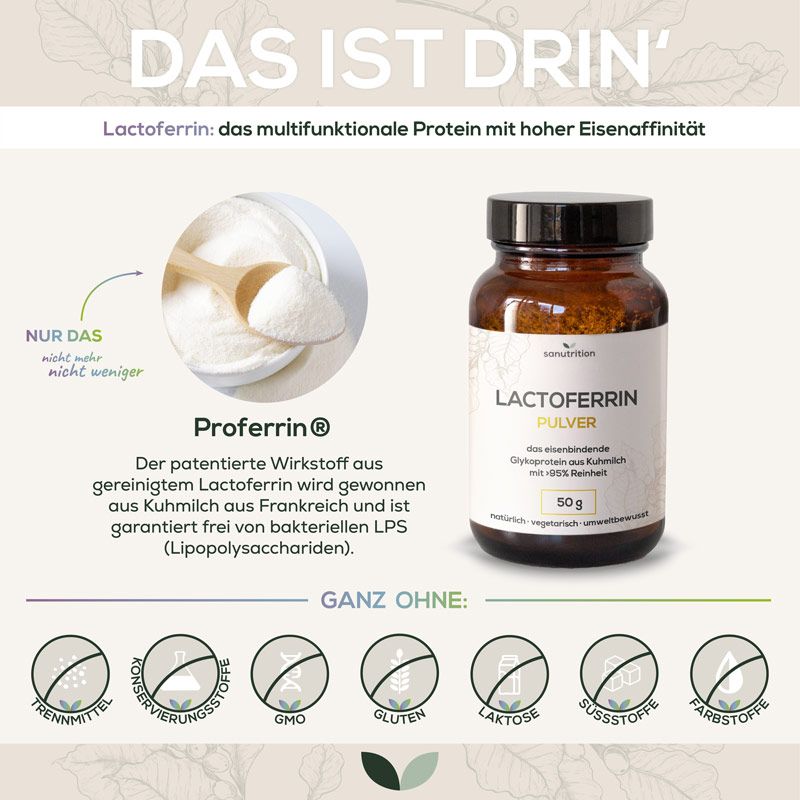 Produktabbildung: Sanutrition Lactoferrin Pulver in brauner Glasflasche. Zusätzliche Informationen und Icons.