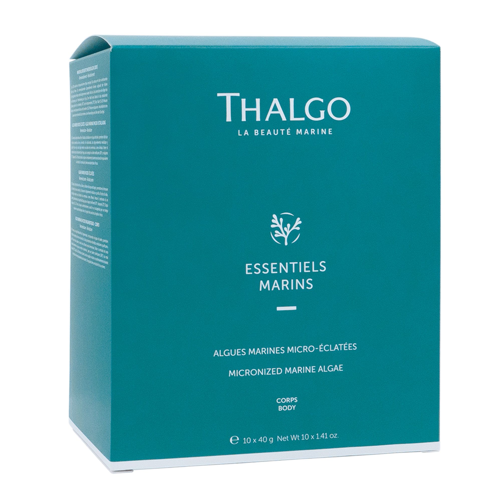 Türkisfarbene Produktbox mit weißem Schriftzug THALGO. Enthält ESSENTIELS MARINS und weitere Produktinformationen.