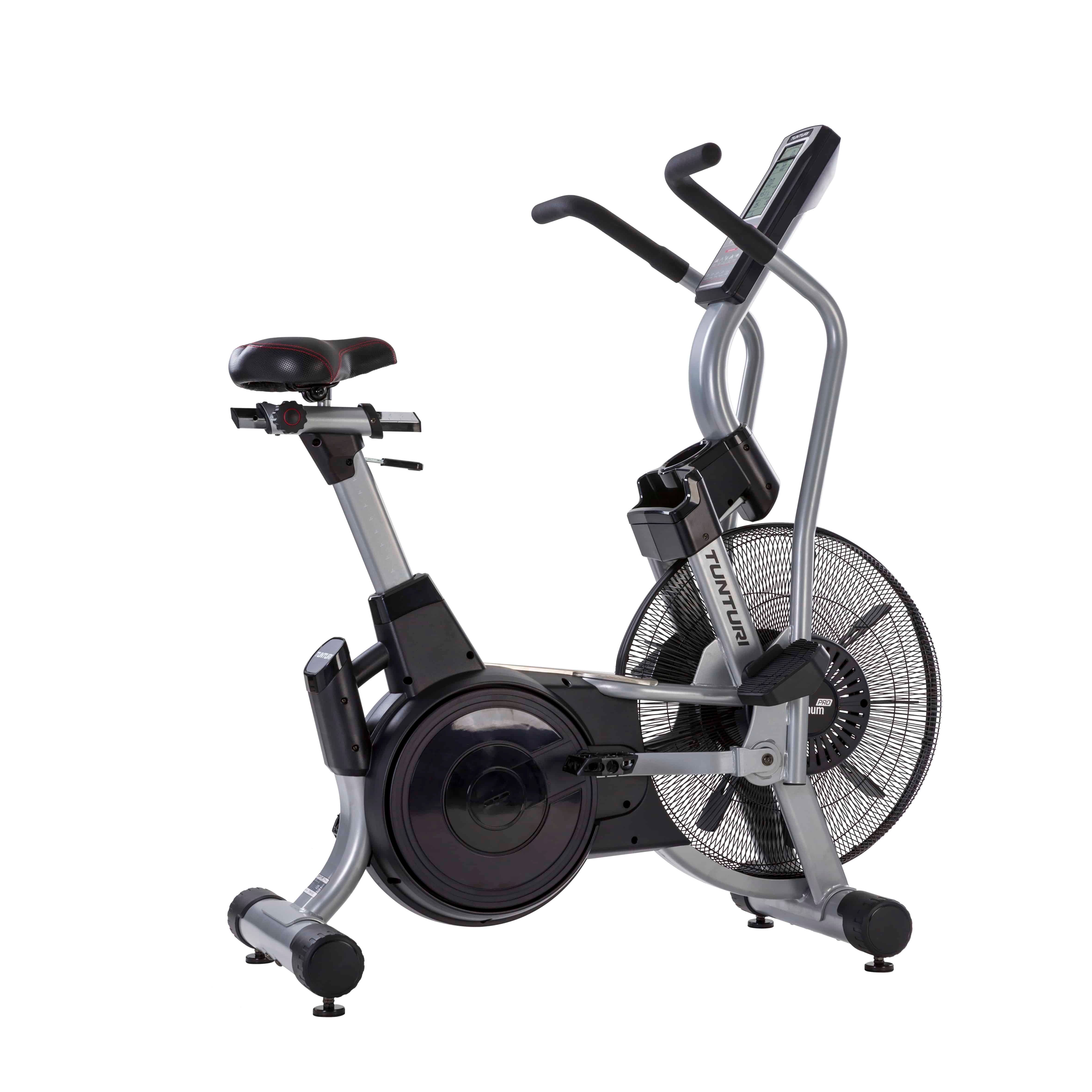 Airbike mit Ventilator. Grau-schwarzes Metallgestell, Sitz, Lenker, Pedale. Tunturi-Logo.