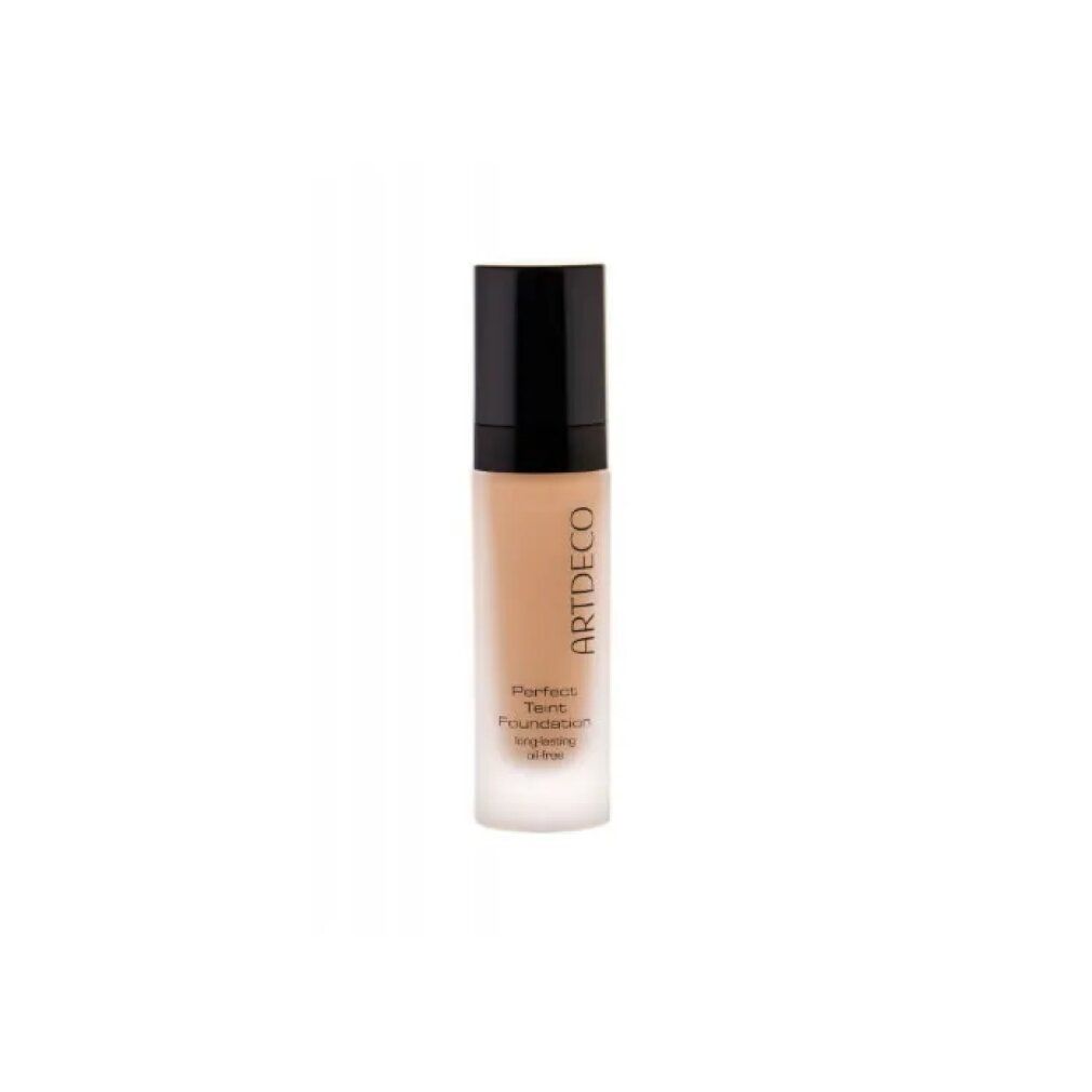 Foundation-Flakon mit schwarzem Verschluss. Aufschrift: ARTDECO, Perfect Teint Foundation, long-lasting, oil-free.