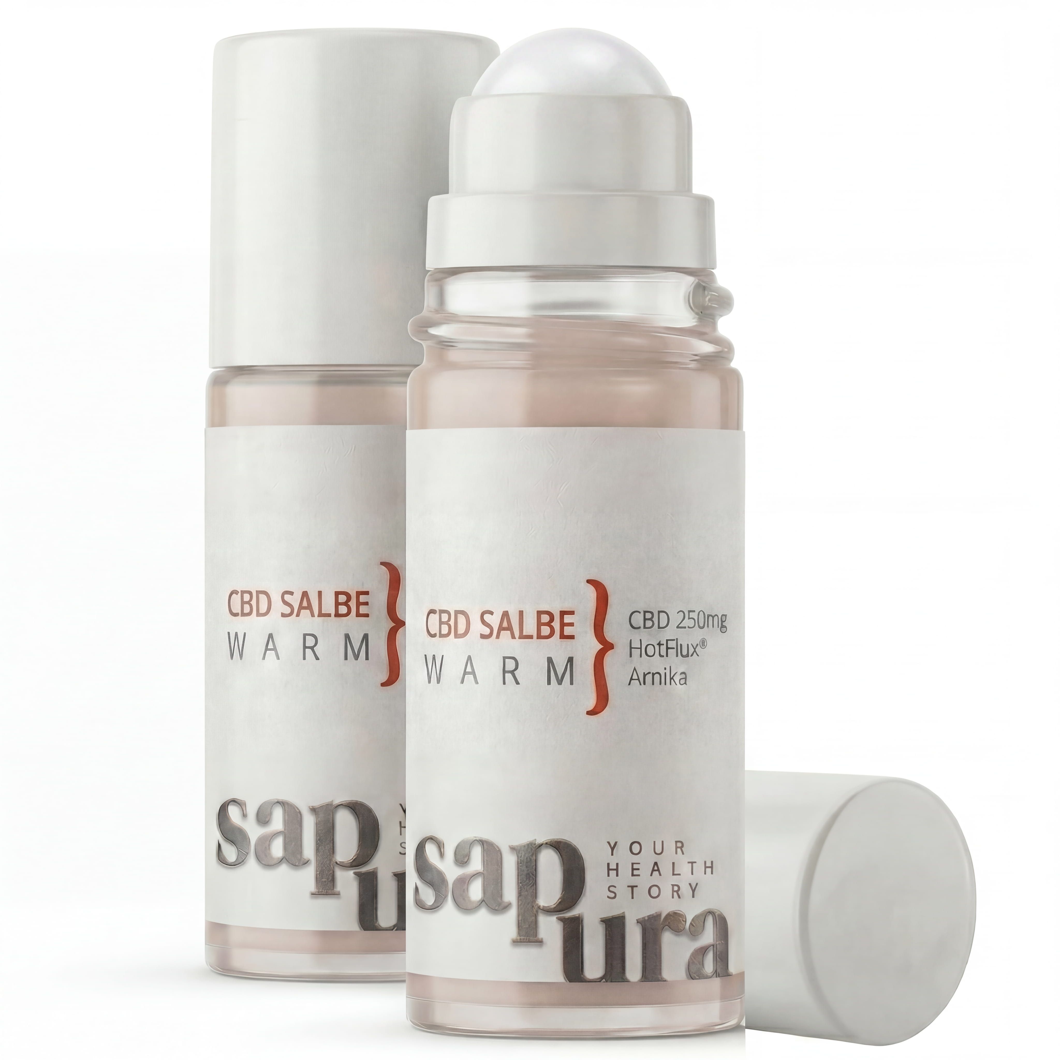 Zwei Flaschen Sapura CBD Salbe Warm mit Roll-On-Applikator. Klare Flaschen mit weißem Etikett.