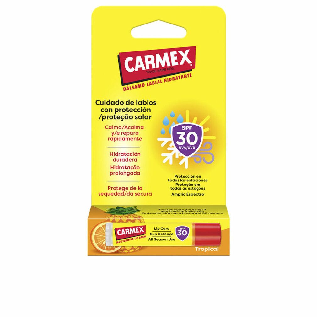 Carmex Lippenbalsam SPF30 in gelber Verpackung. Enthält einen Lippenpflegestift. Text: "Balsamo Labial Hidratante".