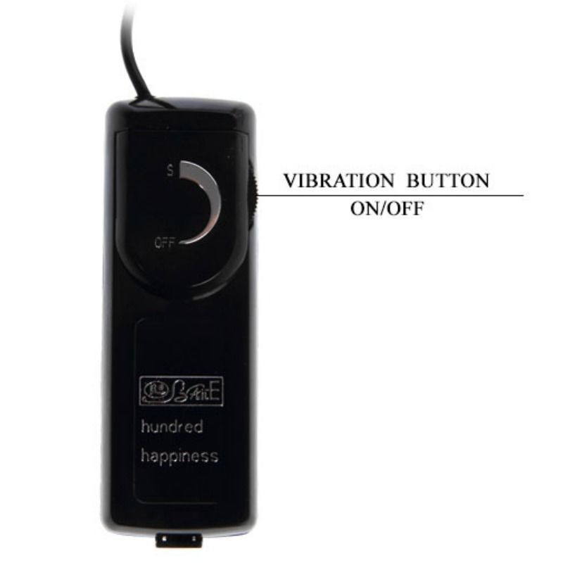 Schwarzes Bedienfeld mit Schalter und Text. Schalter mit 'ON/OFF' Beschriftung. Text: 'VIBRATION BUTTON'.
