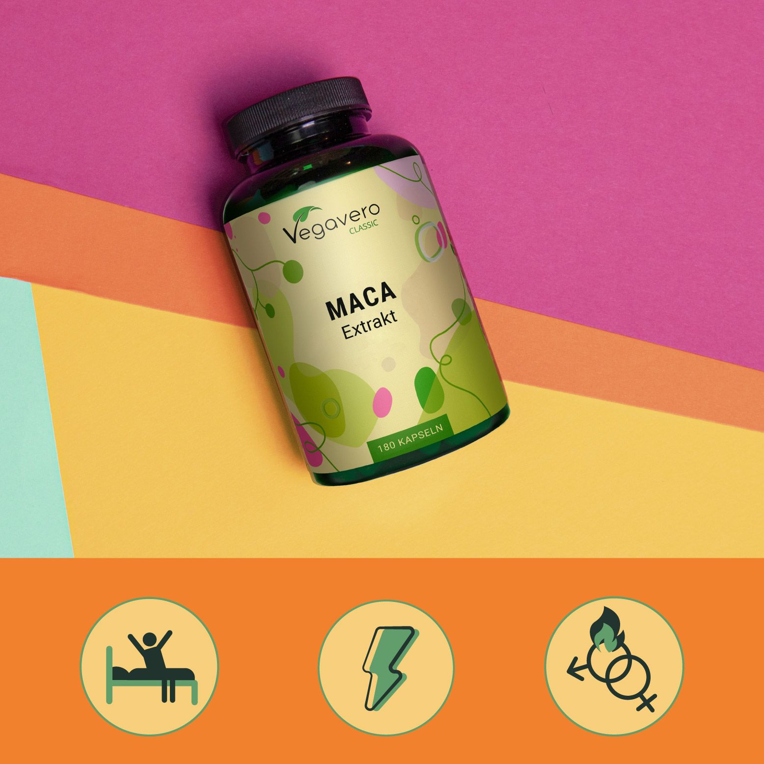 Grüne Glasflasche mit schwarzem Deckel. Aufschrift: Maca Extrakt. 180 Kapseln. Hintergrund: Farbverlauf.