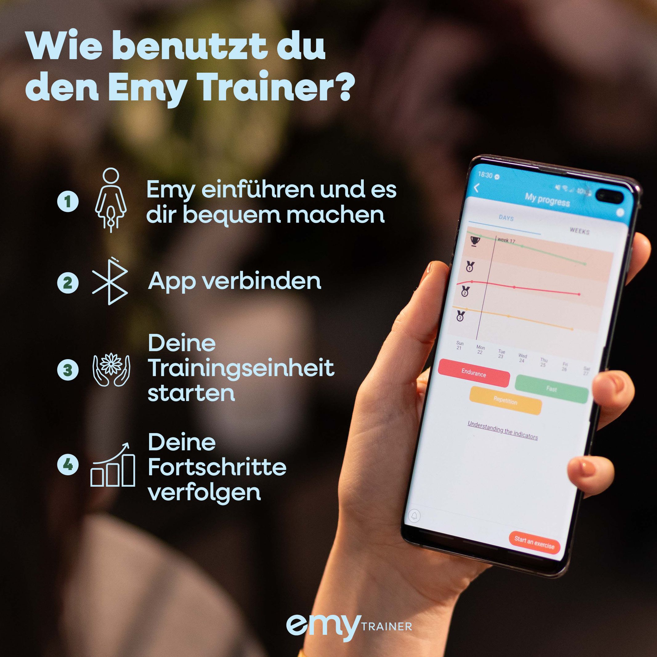 Smartphone mit App-Oberfläche. Text: Emy einführen, App verbinden, Trainingseinheit starten, Fortschritte verfolgen. Logo: Emy Trainer.