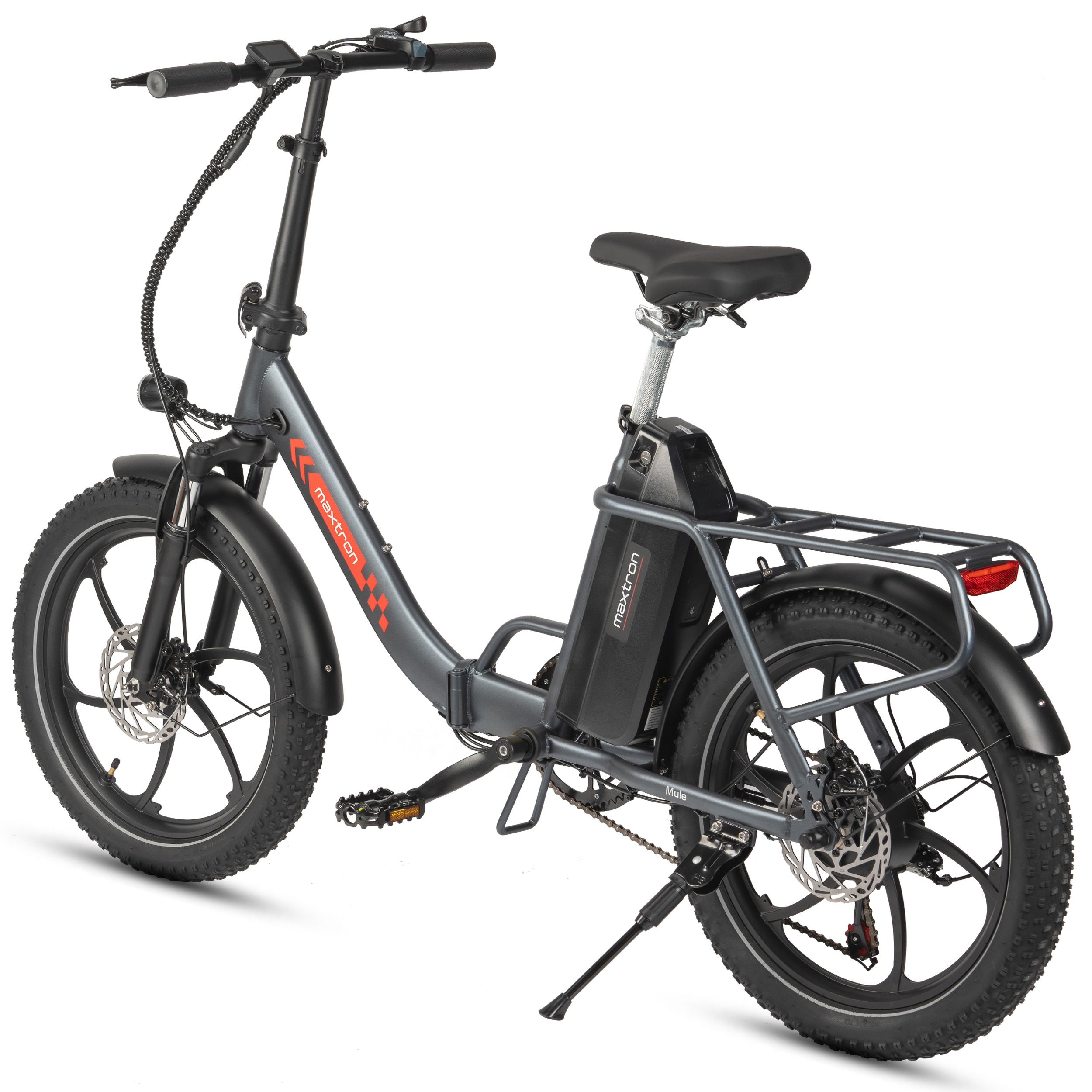 Graues Falt-Elektrofahrrad mit schwarzen Reifen und Sattel. Akku und Gepäckträger. Maxtron Logo.
