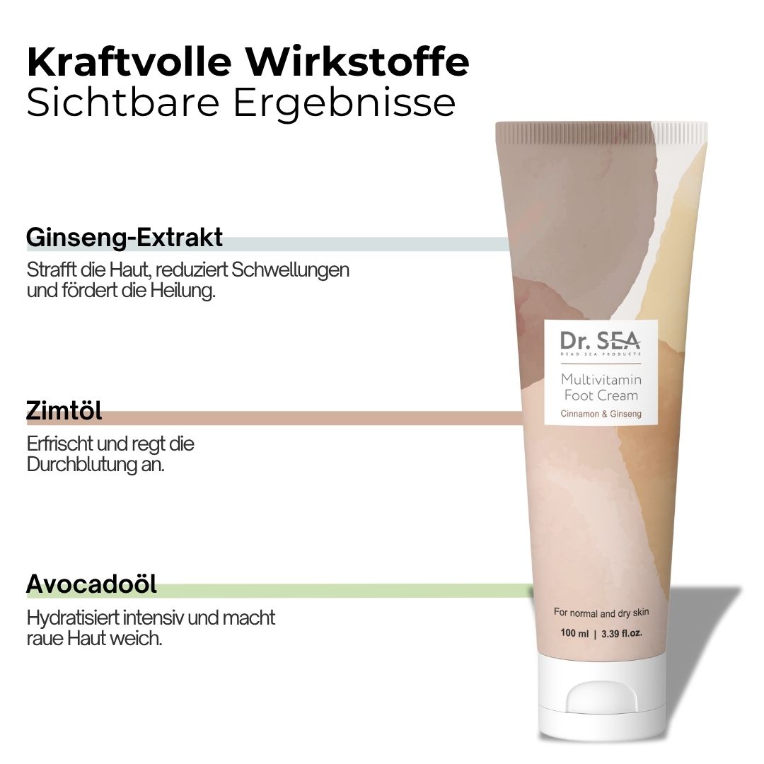 Creme-Tube "Dr. SEA Multivitamin Fußcreme". Text: Ginseng-Extrakt, Zimtöl, Avocadoöl. Sichtbare Ergebnisse.
