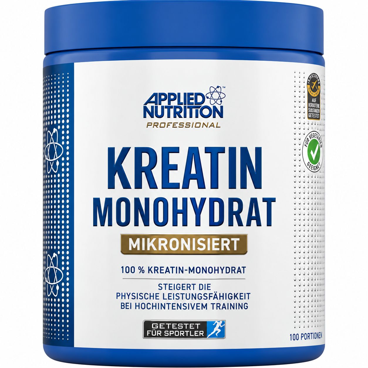Applied Nutrition Kreatin Monohydrat Mikronisiert Dose mit blauem Deckel und weißem Etikett.