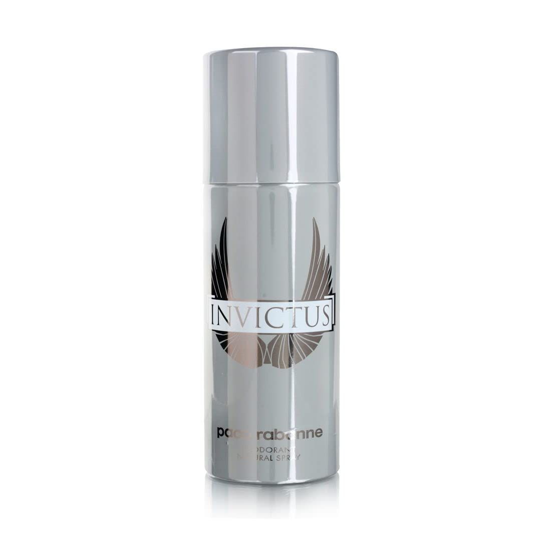 Silberfarbenes Deo-Spray von Paco Rabanne Invictus. Zylindrische Form mit Deckel. Logo und Schriftzug Invictus.