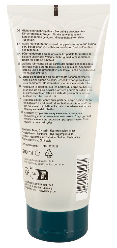 Rückseite einer Tube. Text in Deutsch, Englisch, Niederländisch, Spanisch, Italienisch und Russisch. Inhaltsstoffe und Herstellerangaben.