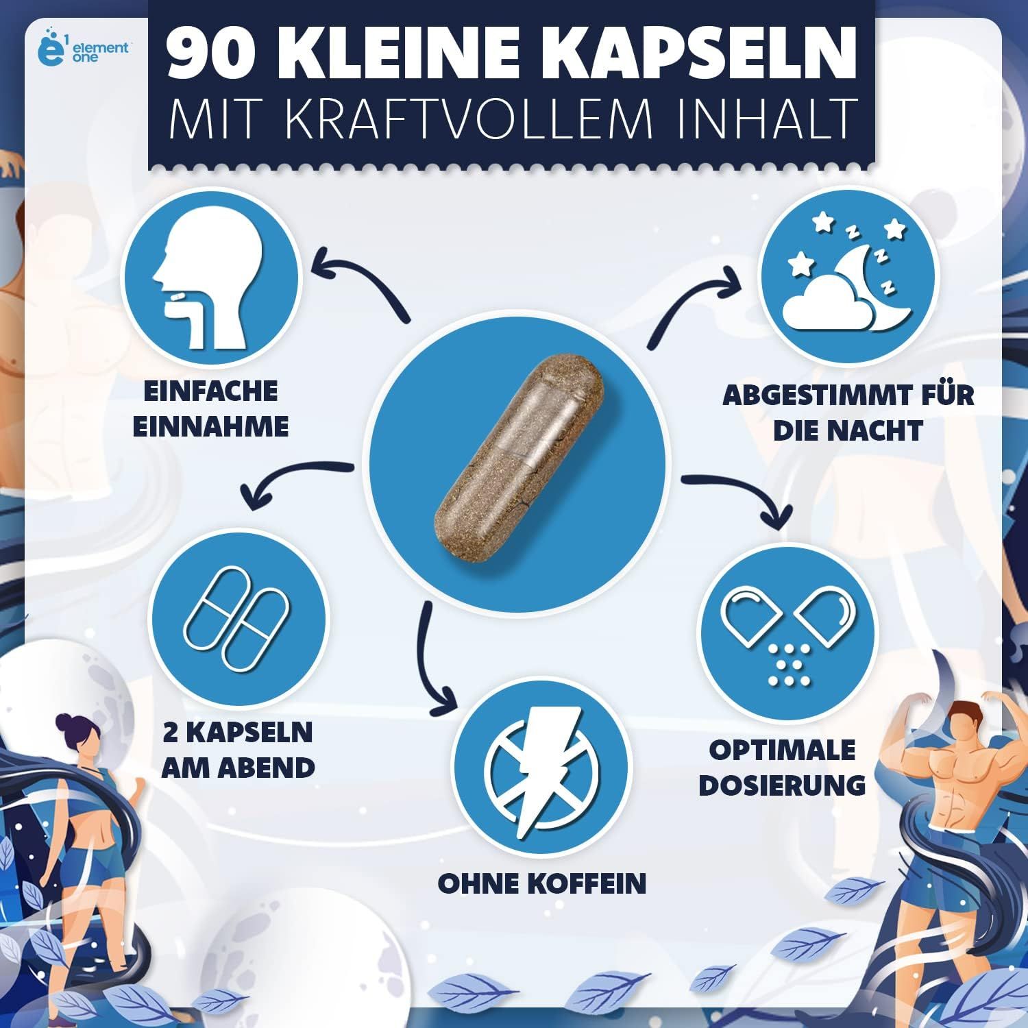 Kapsel in der Mitte, umgeben von Kreisen. Beschriftung: Einfache Einnahme, 2 Kapseln am Abend, Ohne Koffein, Optimale Dosierung, Abgestimmt für die Nacht. 90 kleine Kapseln.