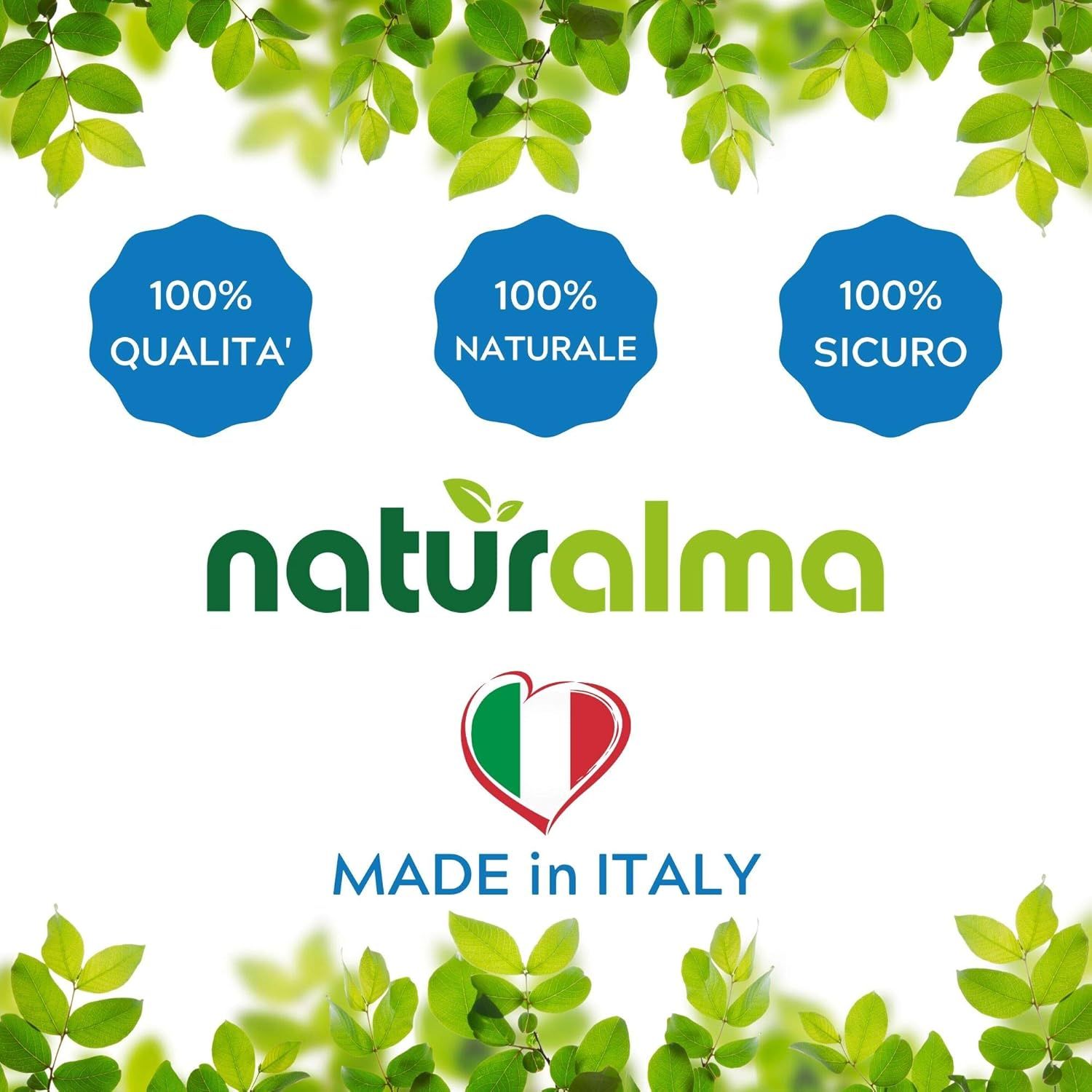 Blätter und Logos. Text: 100% QUALITA', 100% NATURALE, 100% SICURO. Logo Naturalma. Made in Italy.