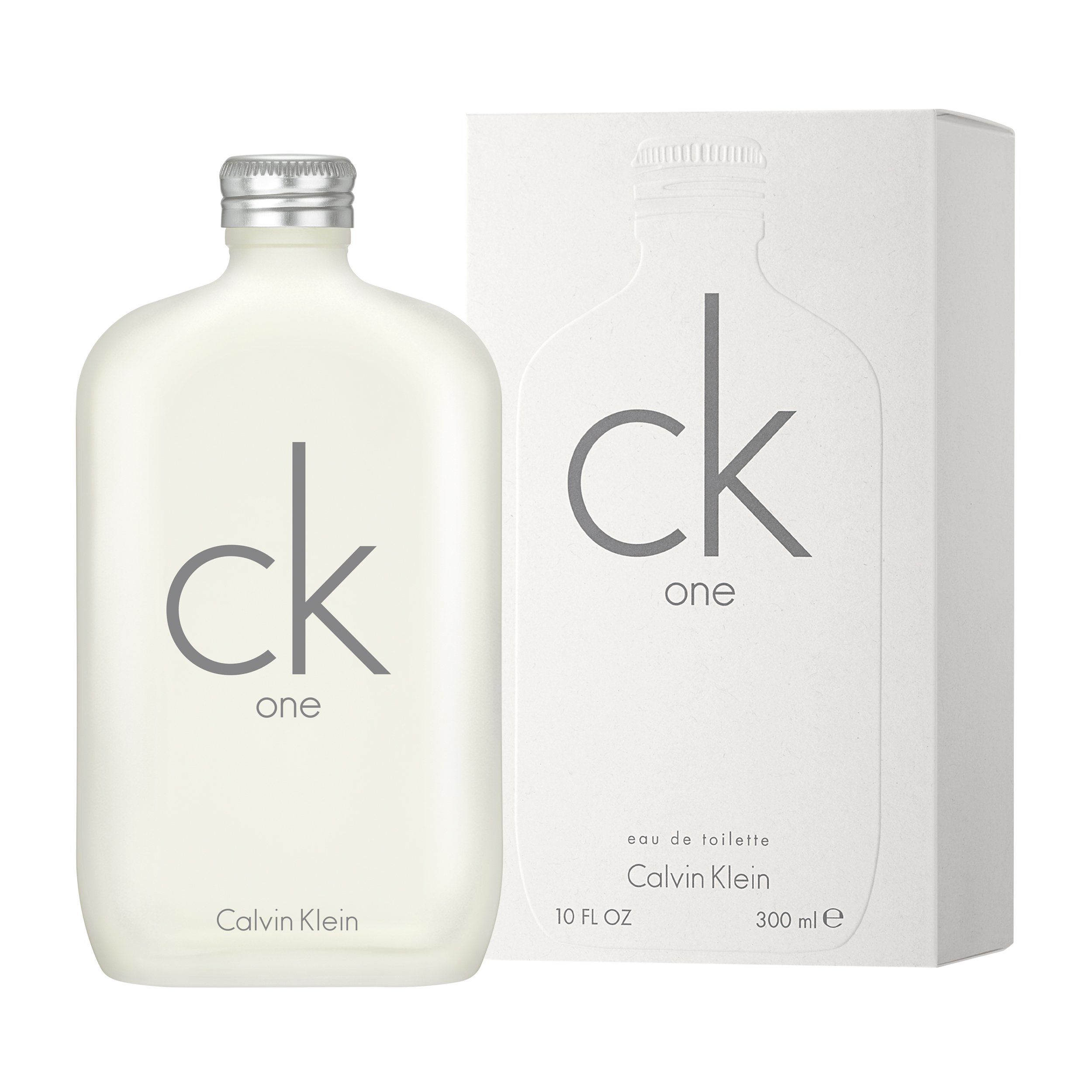 Flakon und Verpackung von Calvin Klein One. Flakon mit silbernem Deckel und grauer Schrift. Verpackung mit Umriss des Flakons.