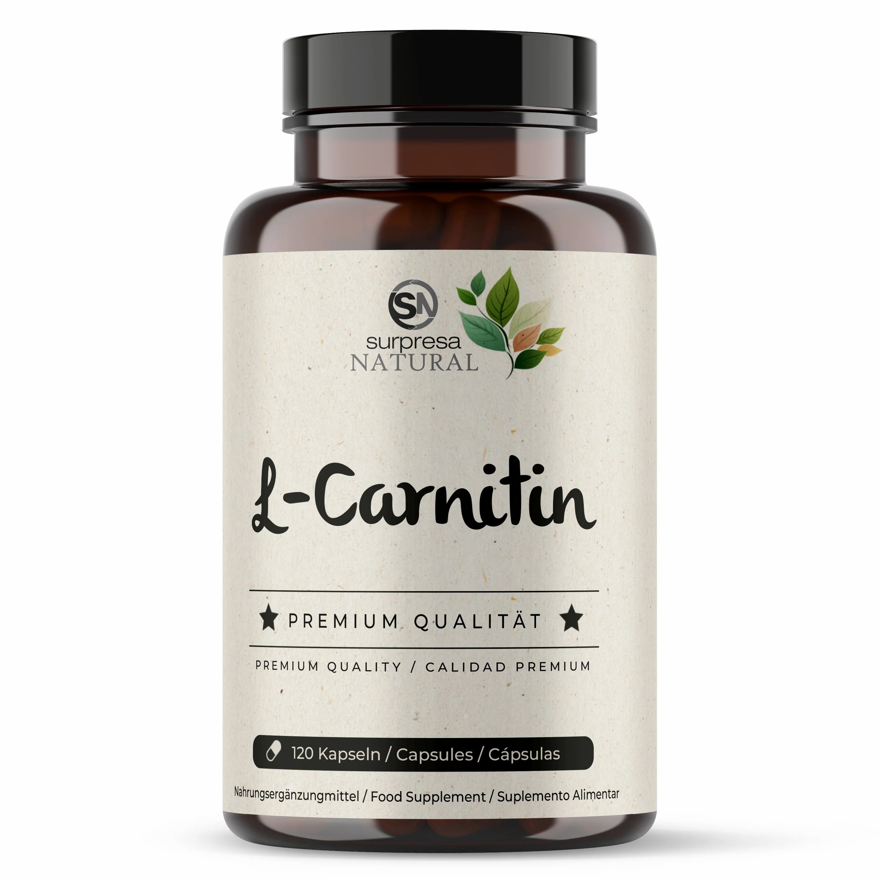 Braune Flasche mit weißen Kapseln. Aufschrift: Surpresa Natural L-Carnitin, Premium Qualität. 120 Kapseln.