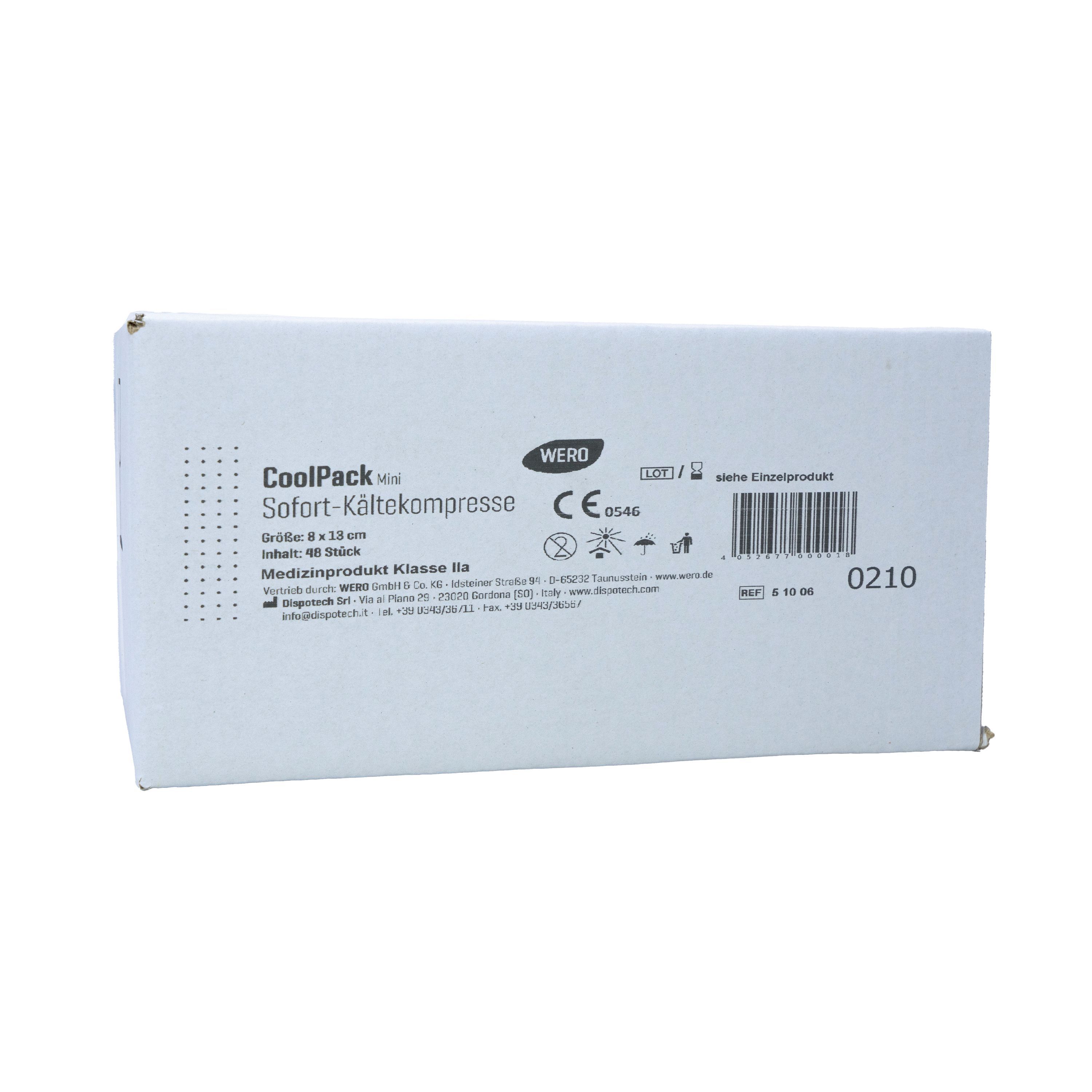 Weiße Verpackung der WERO CoolPack Mini Sofort-Kältekompresse. Text mit Produktname, Größe, Inhaltsangabe und medizinischen Informationen.