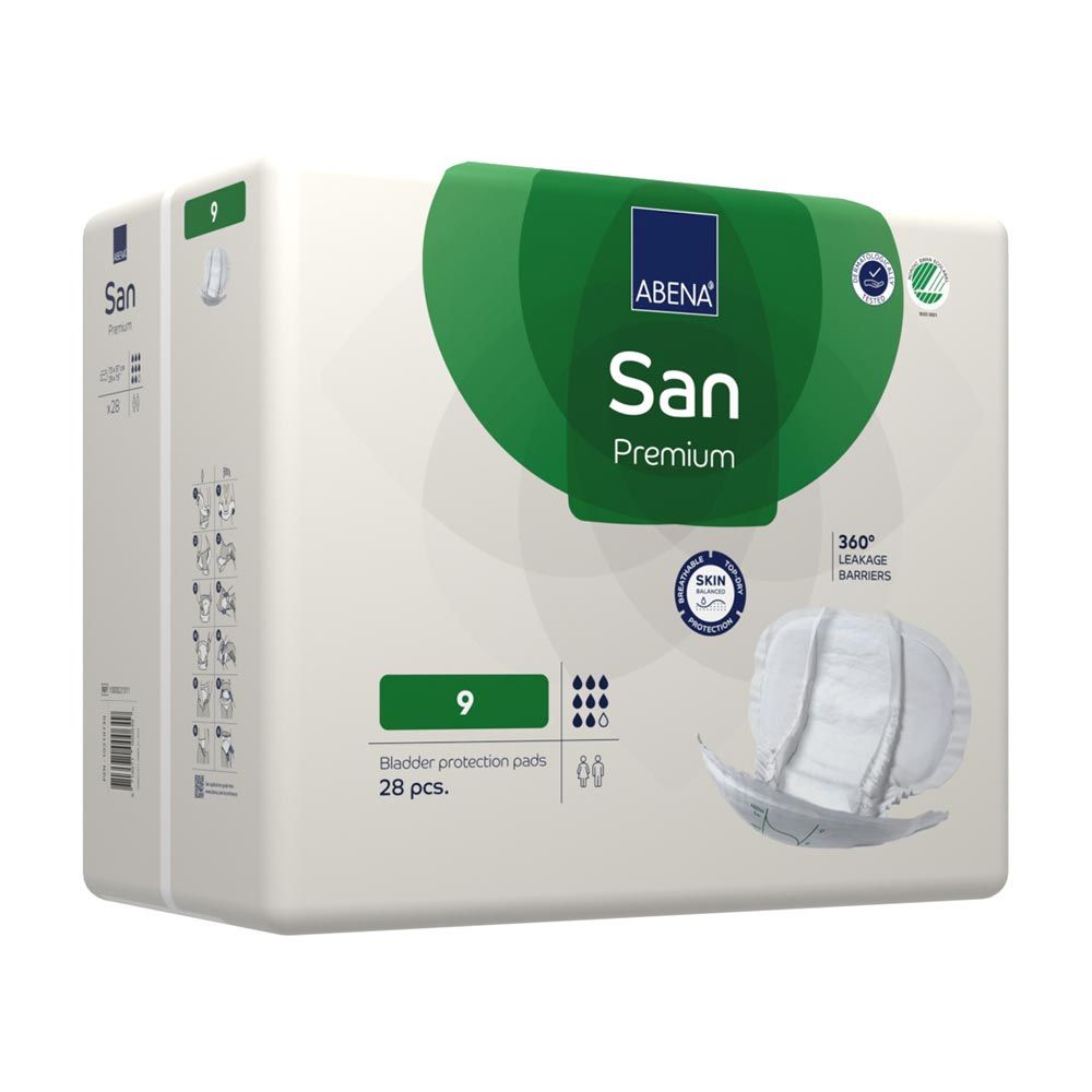 ABENA San Premium Vorlagen 9, Packung mit 28 Stück. Sichtbar: Logo, 360° Auslaufbarrieren, Hautschutz. Grün-weiße Verpackung.