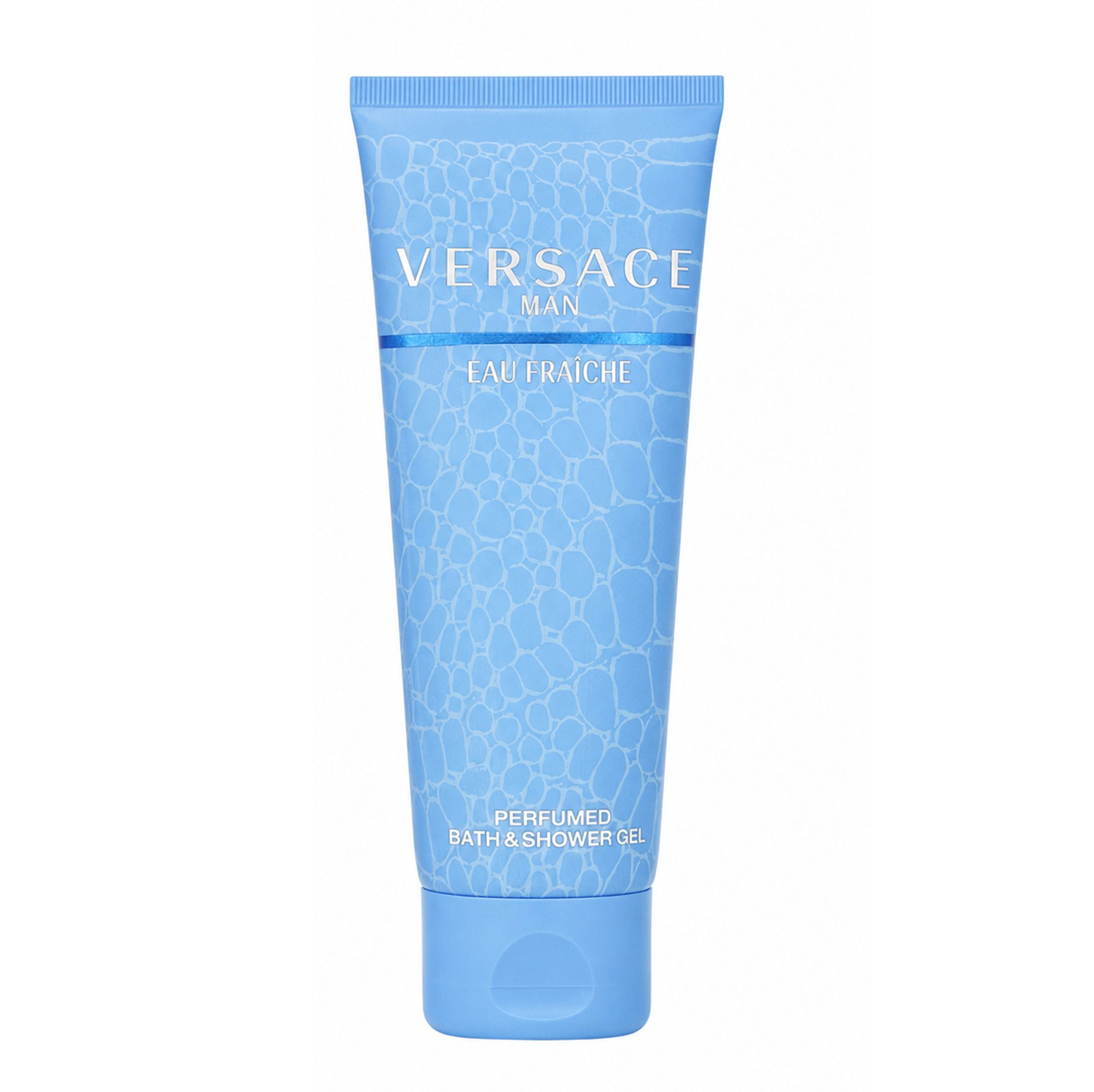 Versace Man Eau Fraiche Duschgel in einer blauen Tube mit Krokodilleder-Muster.
