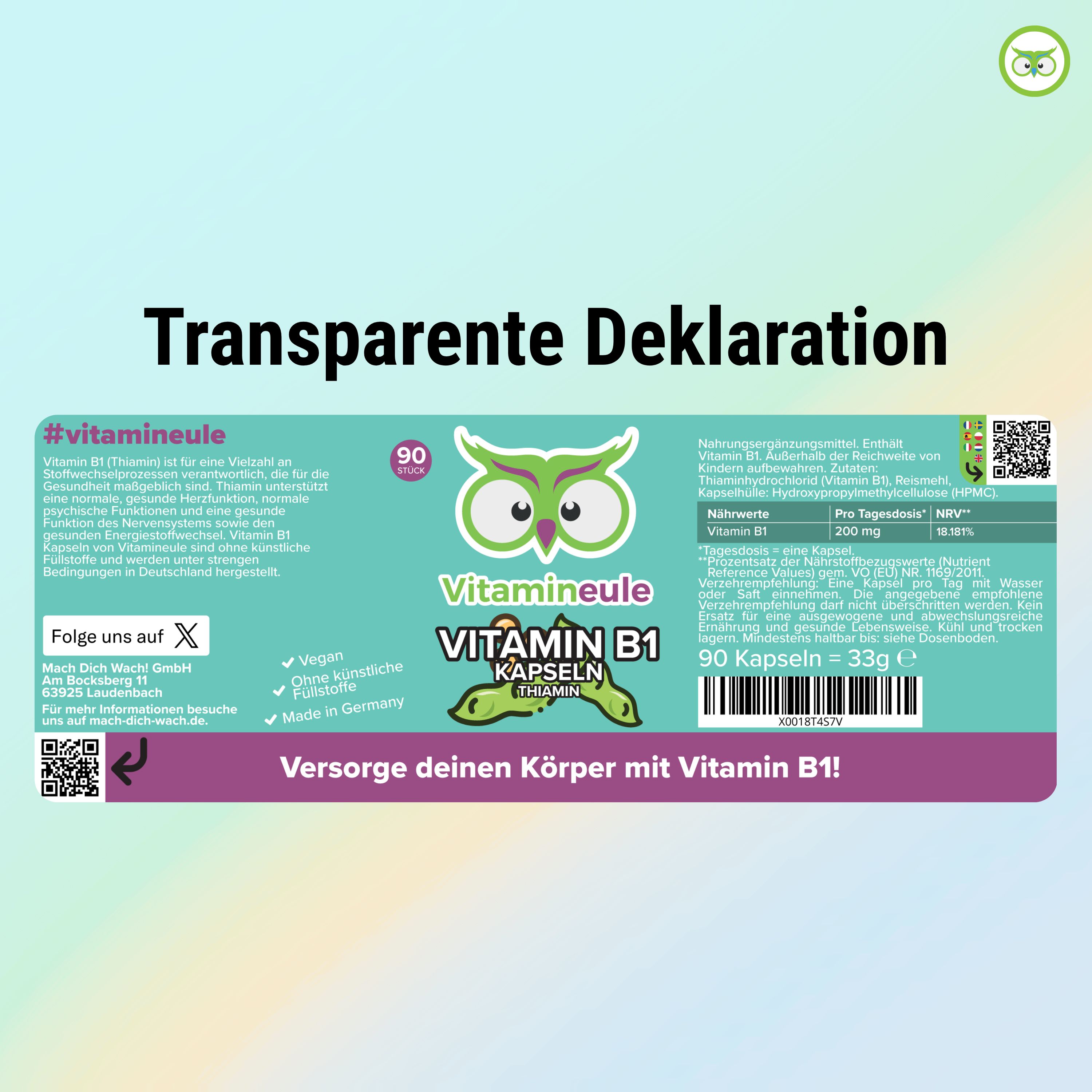 Produktetikett. Text: Vitamin B1 Kapseln, 90 Kapseln, 33g. Logo: Eule. QR-Code und weitere Informationen.