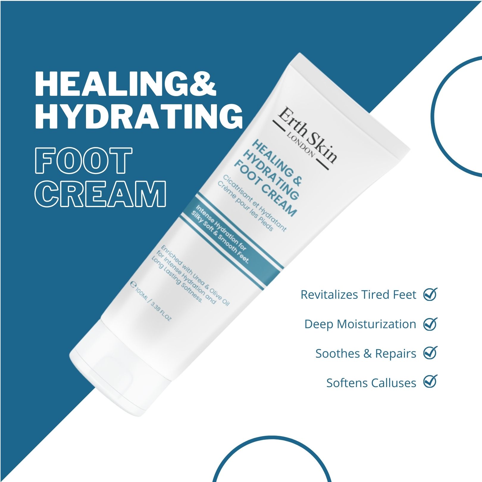 Erth Skin London Fußcreme-Tube, schräg. Text: Healing & Hydrating Foot Cream. Blaue Elemente und Häkchen.