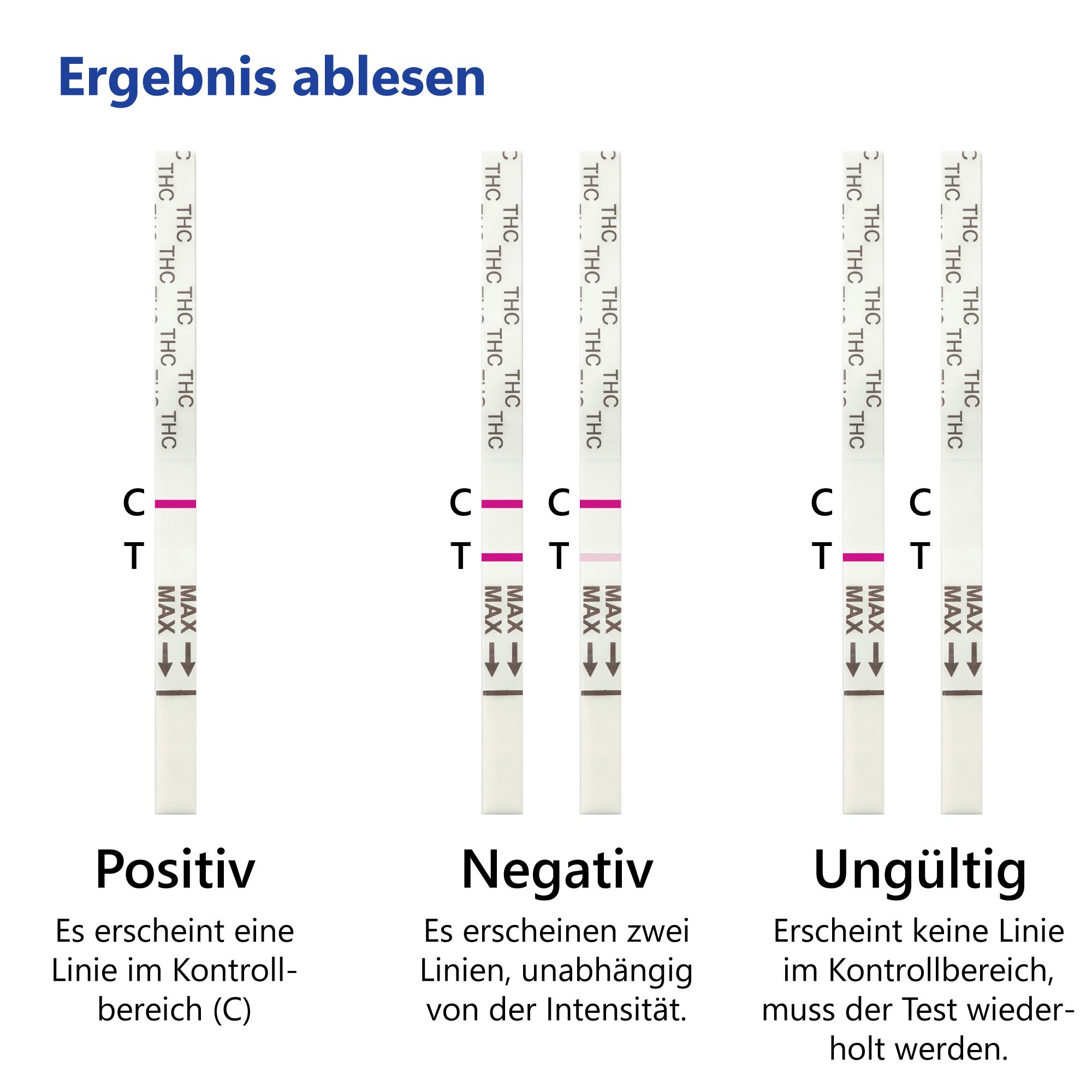 Drei Teststreifen zeigen Ergebnisse: positiv, negativ, ungültig. Linien auf den Streifen markieren Ergebnisse.