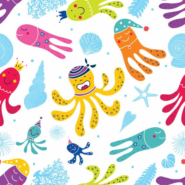 Nahtloses Muster mit farbigen Oktopus-Illustrationen auf weißem Hintergrund.