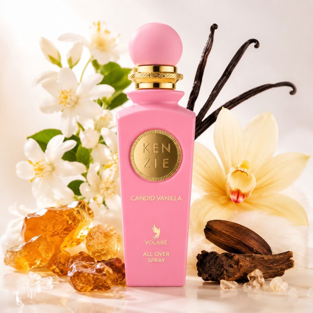 Volaré Kenzie Candid Vanilla Eau de Parfum Flakon mit Vanilleschoten und Blüten.