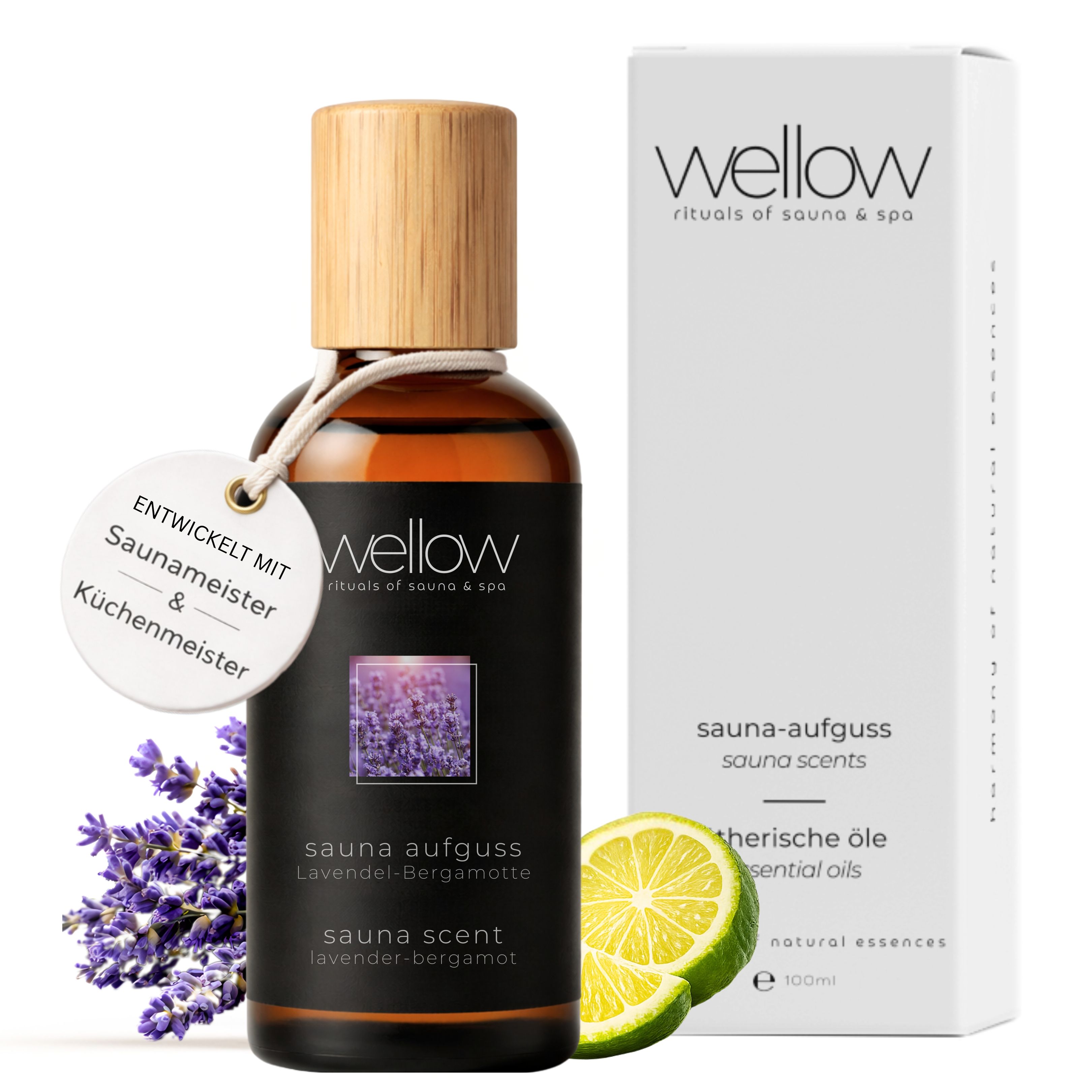 Produktflasche mit Holzdeckel und Verpackung. Text: Wellow, sauna-aufguss, Lavendel-Bergamotte, sauna scent, ätherische Öle. Mit Lavendel und Limette.