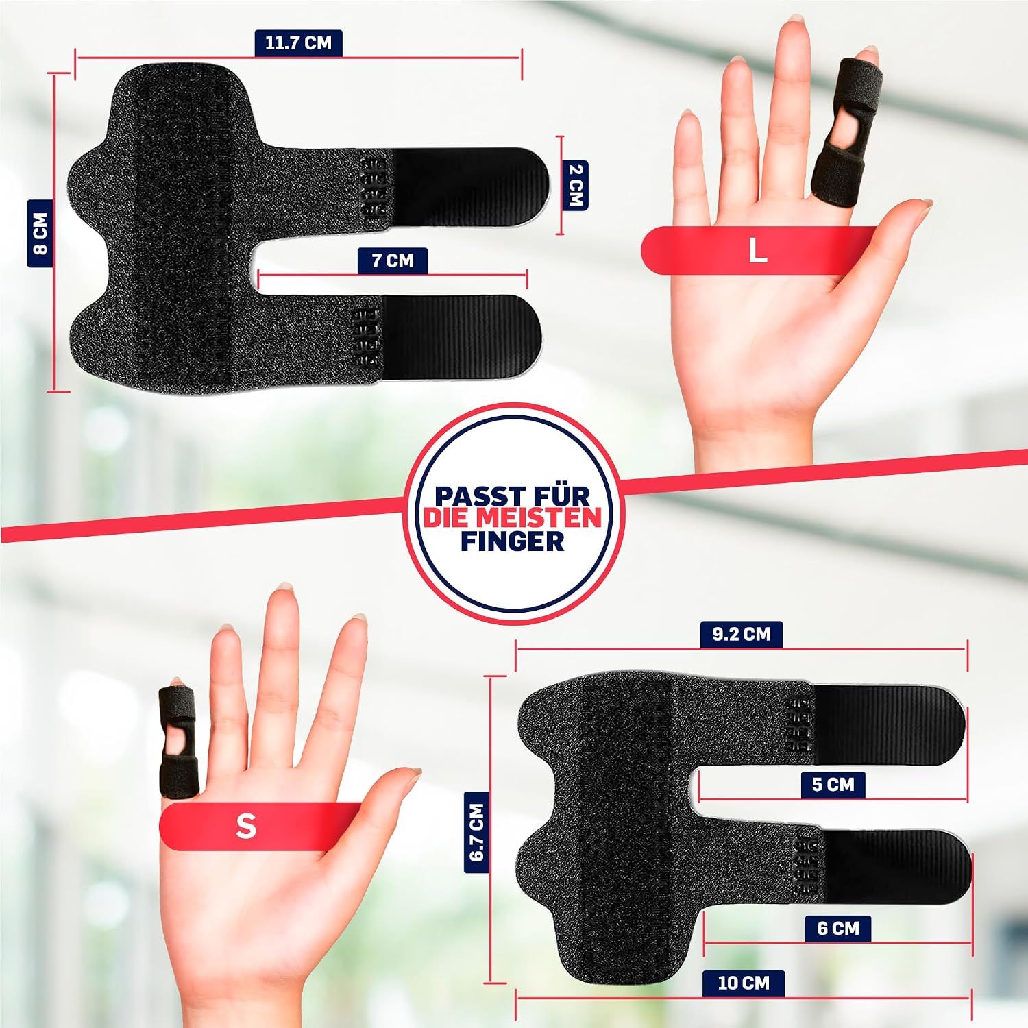 Größenangaben für Finger- und Handschienen: L (11.7x8cm) und S (9.2x6.7cm).