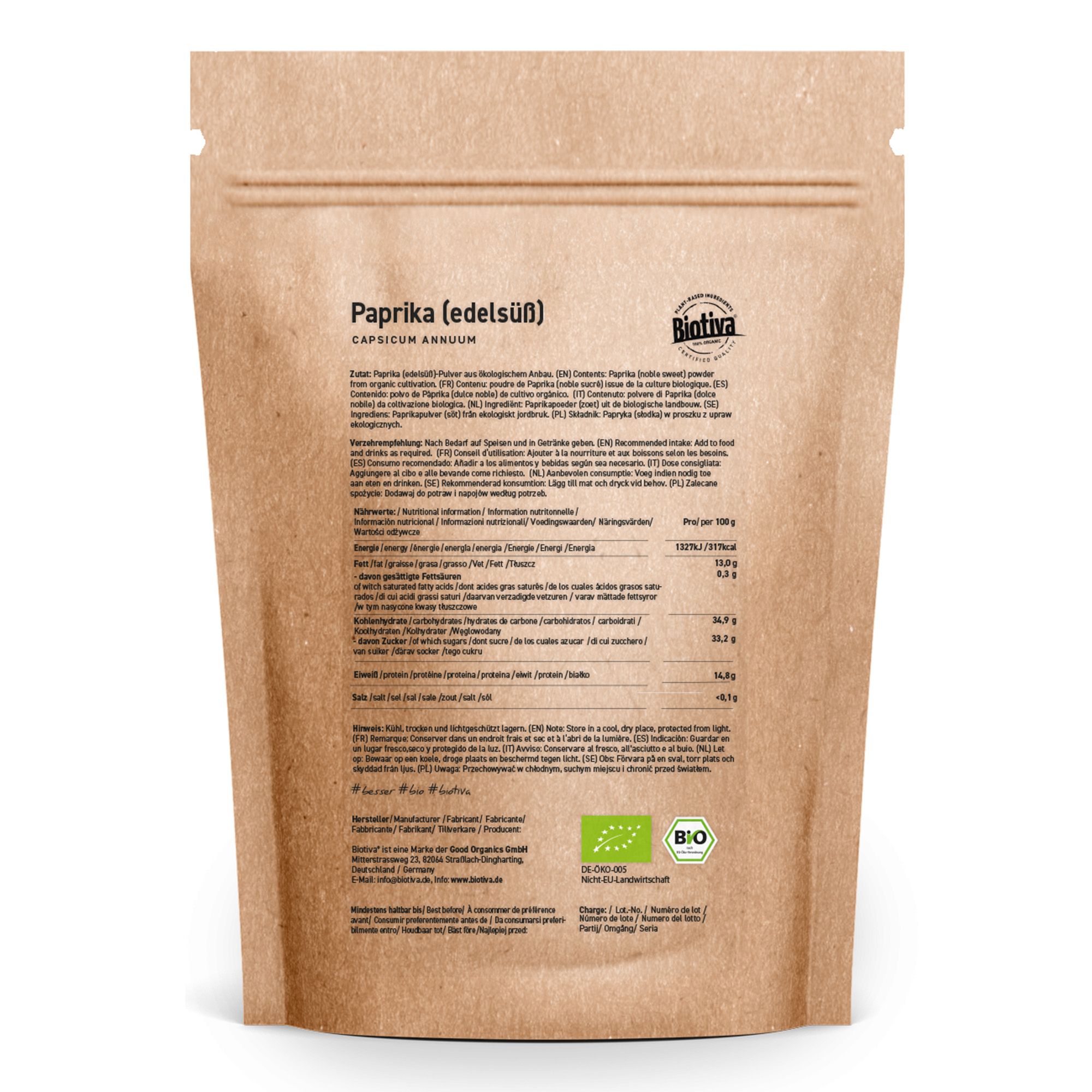 Rückseite der Biotiva Paprika edelsüß gemahlen Bio Tüte mit Nährwertangaben.