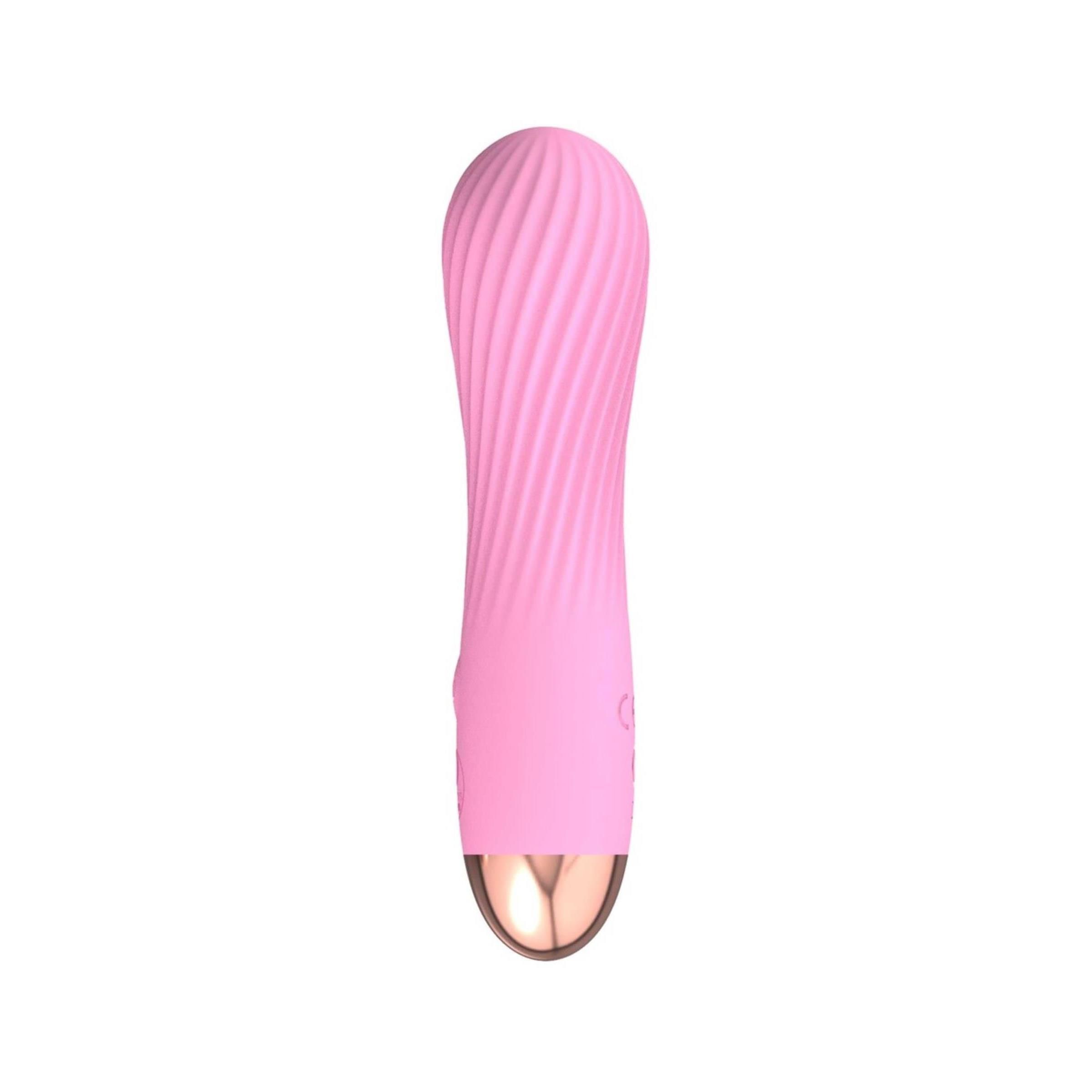 Rosa Vibrator mit gewellter Oberfläche, goldfarbener Spitze und Bedienknöpfen.