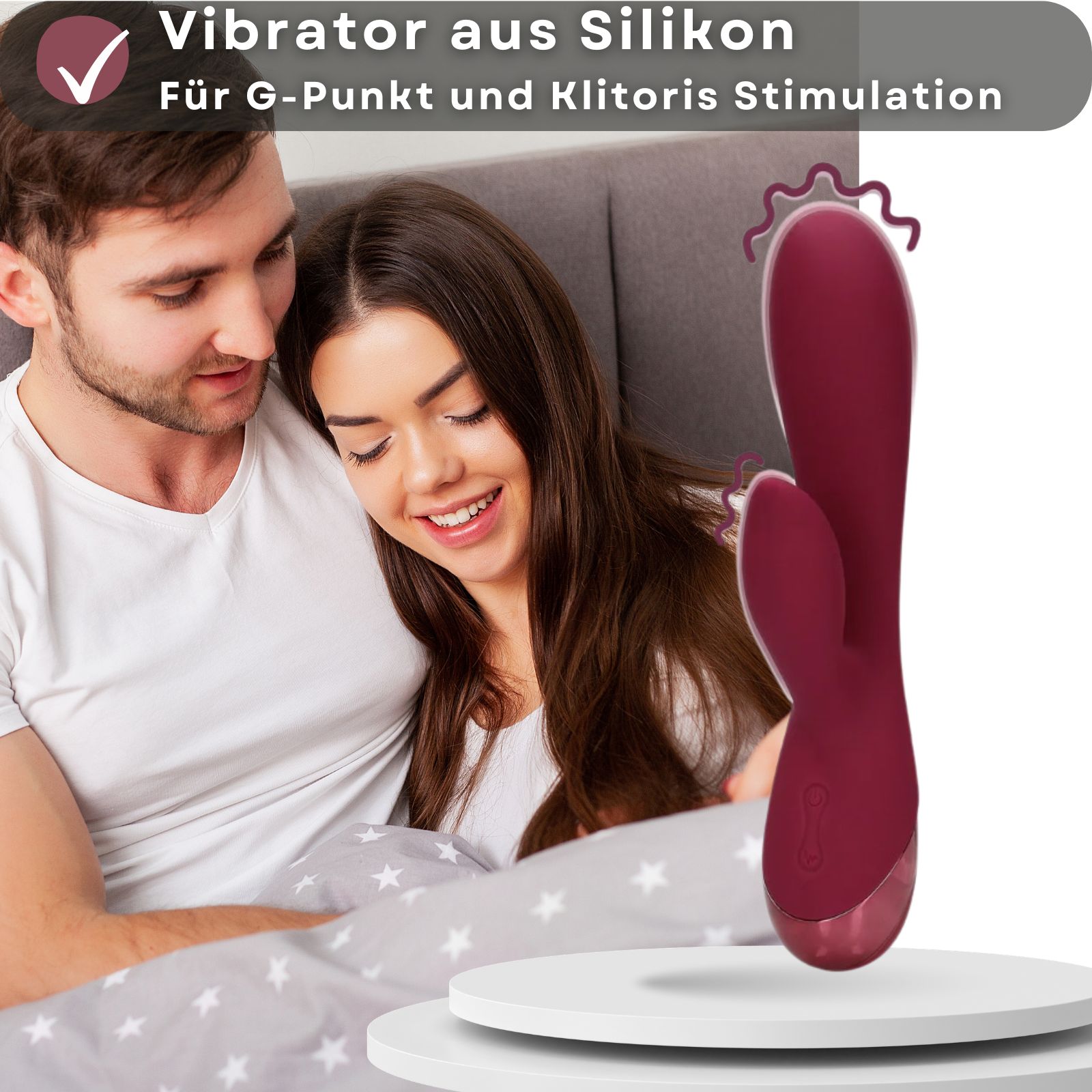 Burgunderroter Vibrator. Silikon, für G-Punkt- und Klitoris-Stimulation. Im Kontext.