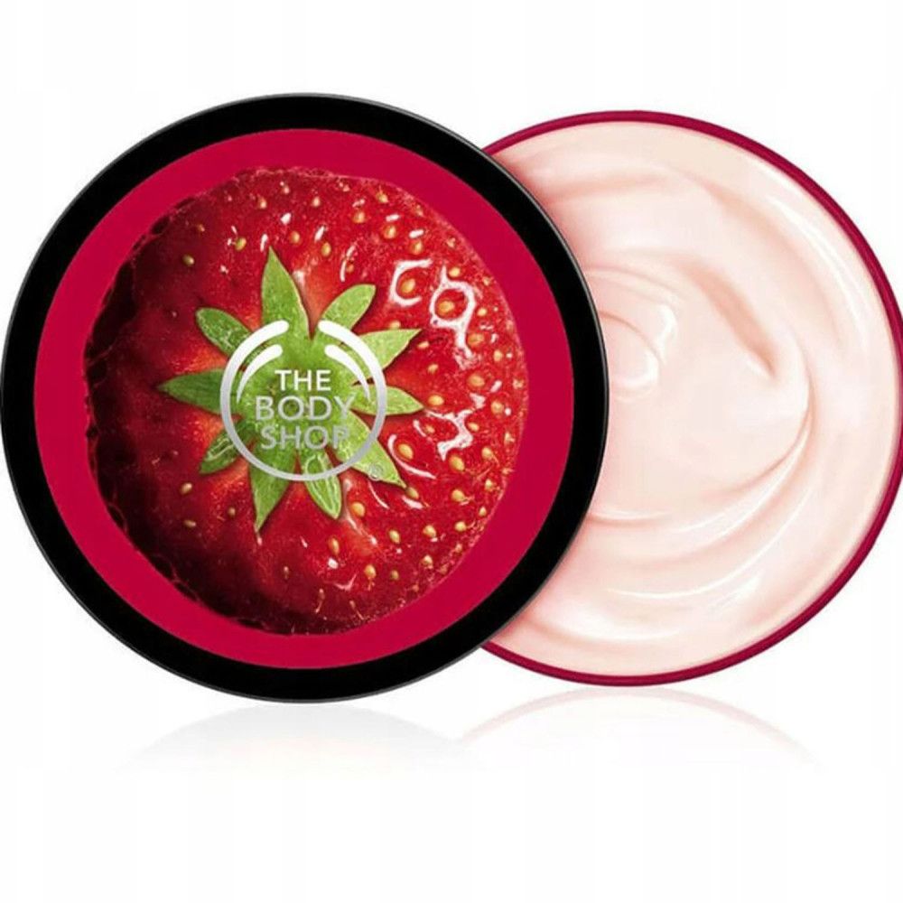 Runde Dose mit rotem Deckel und Erdbeermotiv. Daneben eine Dose mit rosa Creme. Logo: The Body Shop.