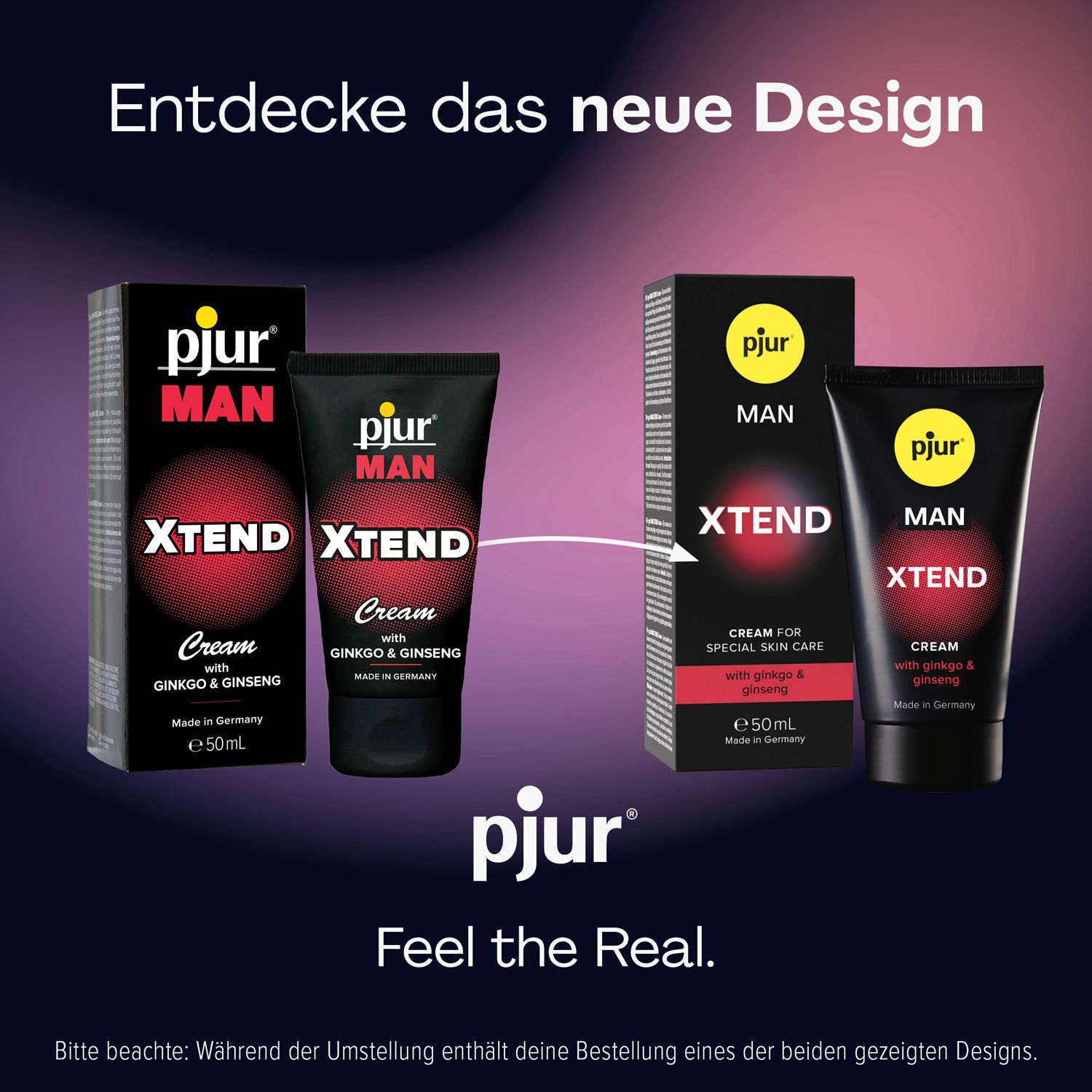 Vergleich von pjur® MAN Xtend Cream Verpackungen und Tuben.