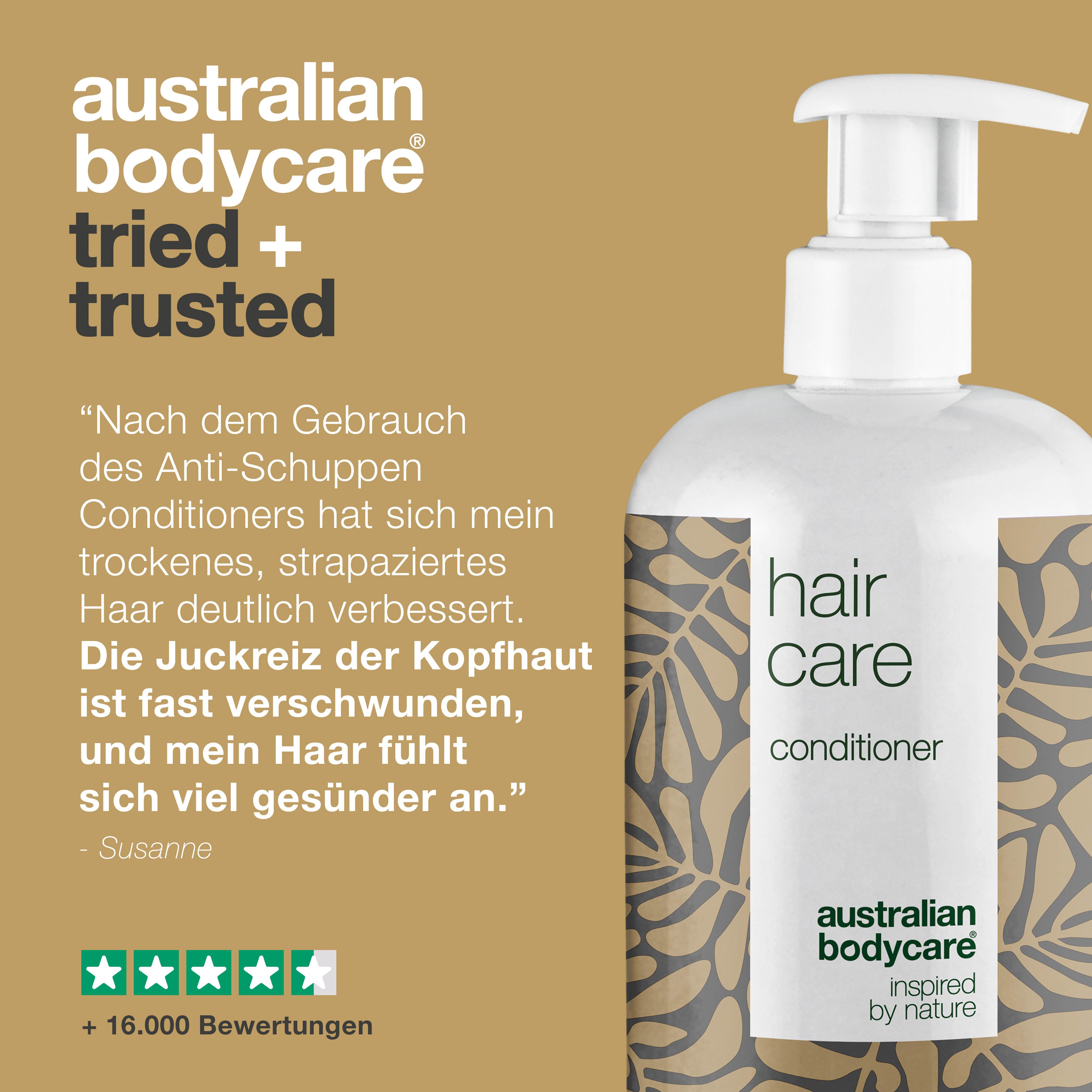 Flasche Conditioner. Text: Hair Care, Australian Bodycare. Zitat: trockene Kopfhaut hat sich verbessert. Bewertung: 5 Sterne.