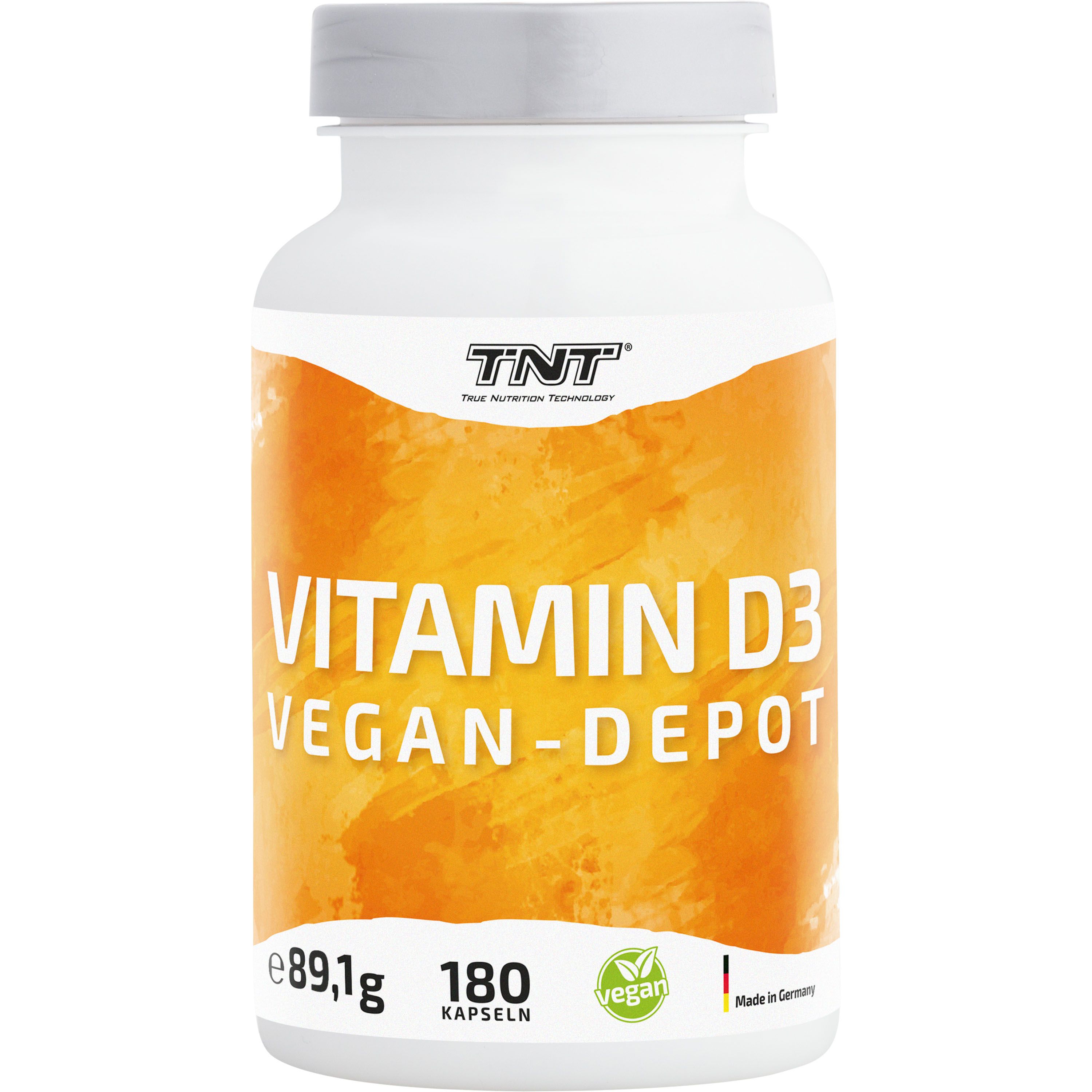 Weiße Flasche mit TNT Vitamin D3 Vegan-Depot. Aufschrift: Vitamin D3 Vegan-Depot, 180 Kapseln, vegan. Made in Germany.