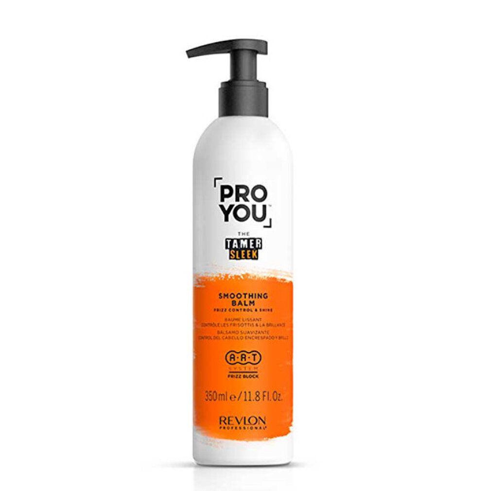 Weiß-orange Flasche mit schwarzem Pumpkopf. Aufschrift: PRO YOU, THE TAMER SLEEK, Smoothing Balm. Revlon Professional.