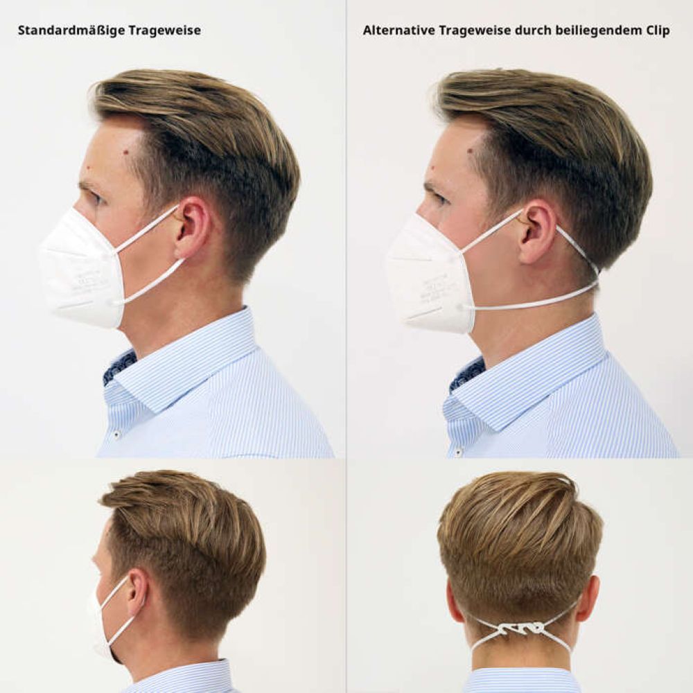 Zwei Männer mit Atemschutzmasken. Standardmäßige und alternative Trageweise mit Clip.