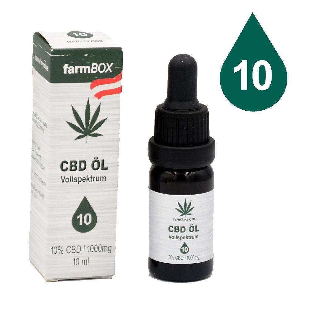 Braune Glasflasche mit Tropfer und Verpackung. Aufschrift: farmBOX CBD-Öl 10%. Vollspektrum. Tropfen-Symbol mit 10.