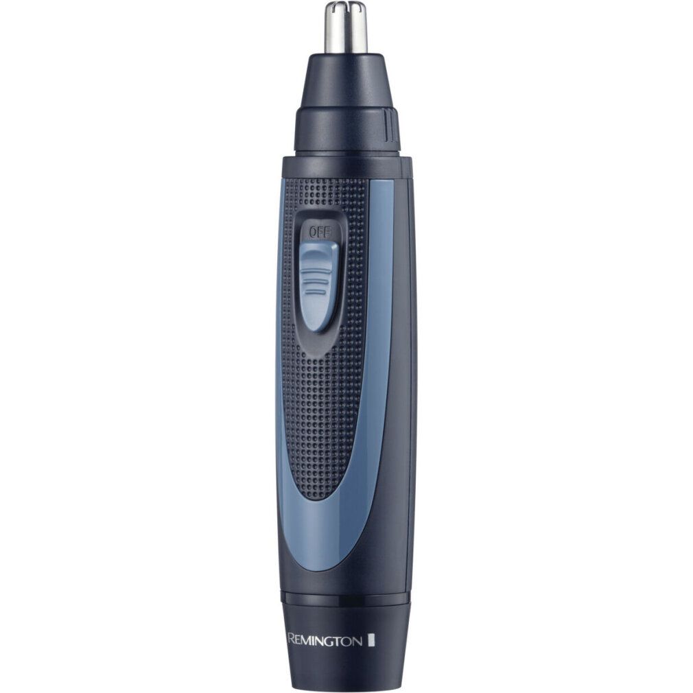 Nasen-/Ohrenhaartrimmer. Dunkelblau mit hellblauen Akzenten. Ein-Aus-Schalter. Remington-Logo unten.