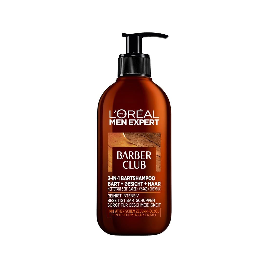 L'Oréal Men Expert Barber Club 3-in-1 Bartshampoo. Braune Flasche mit schwarzem Pumpverschluss. Produkt- und Markenlogo.