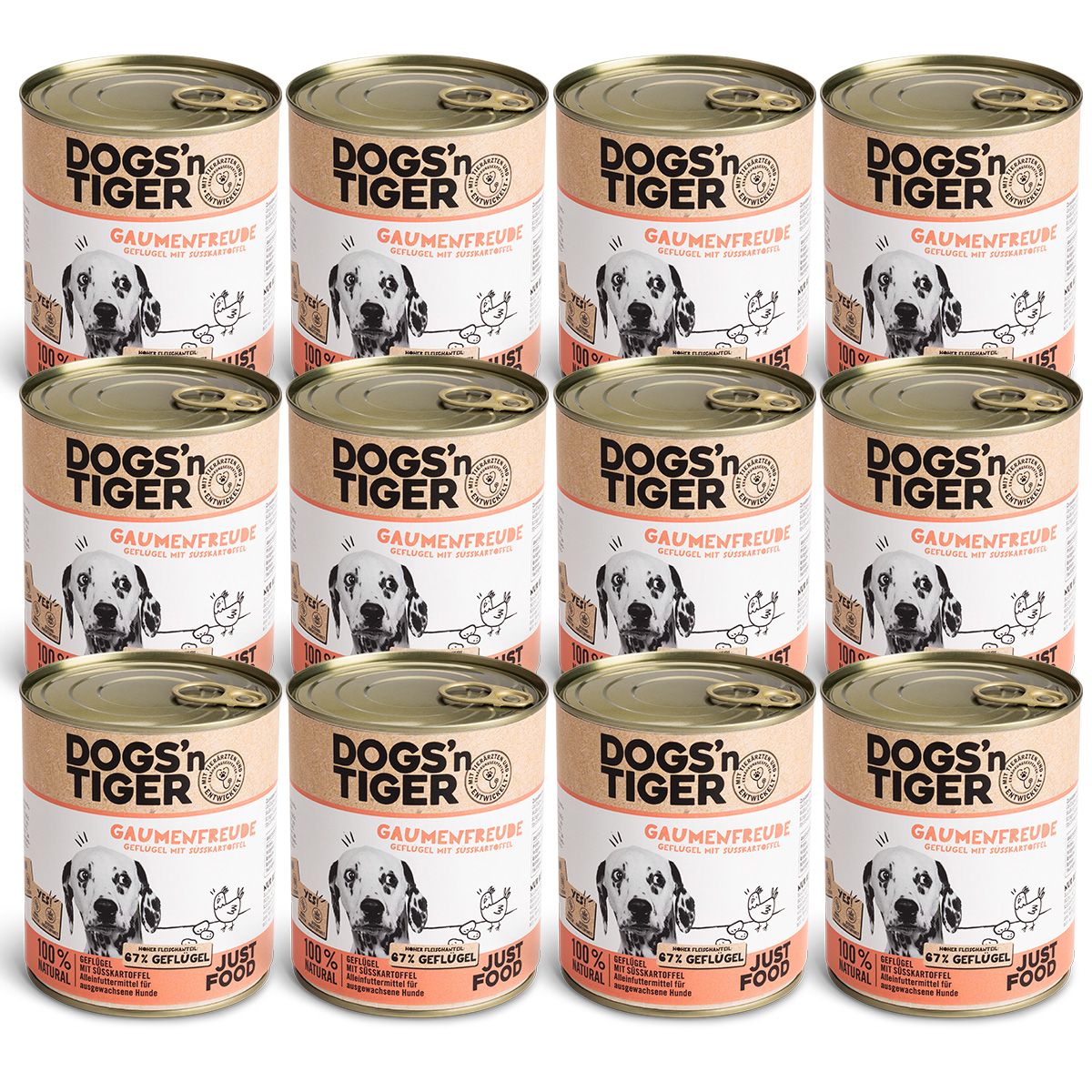 Dosenfutter "Dogs'n Tiger" in 12er-Packung. Aufdruck: Hund, "Gaumenfreude", "Geflügel".