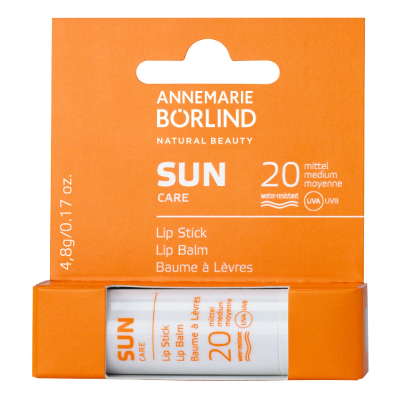 Weißer Lippenpflegestift mit Text SUN CARE, LSF 20. Marke ANNEMARIE BÖRLIND. Wasserfest.