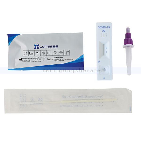Testkit mit Testkassette, Tupfer und Extraktionsröhrchen. Verpackung mit Logo und Text. COVID-19 Ag.