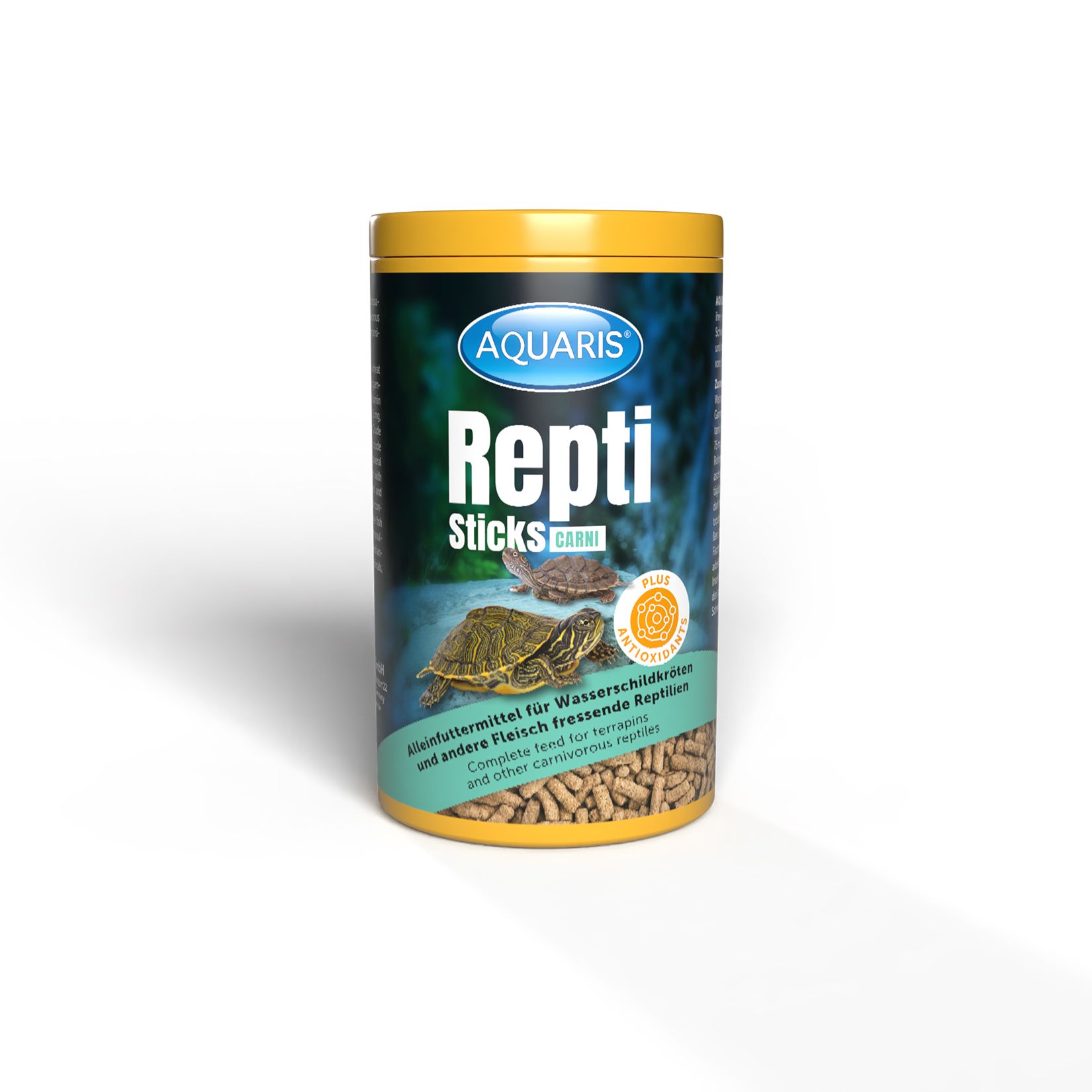 Zylindrische Dose AQUARIS Repti Sticks. Blau-grüner Hintergrund mit Schildkröten. Gelber Deckel. Text: Repti Sticks CARNI.