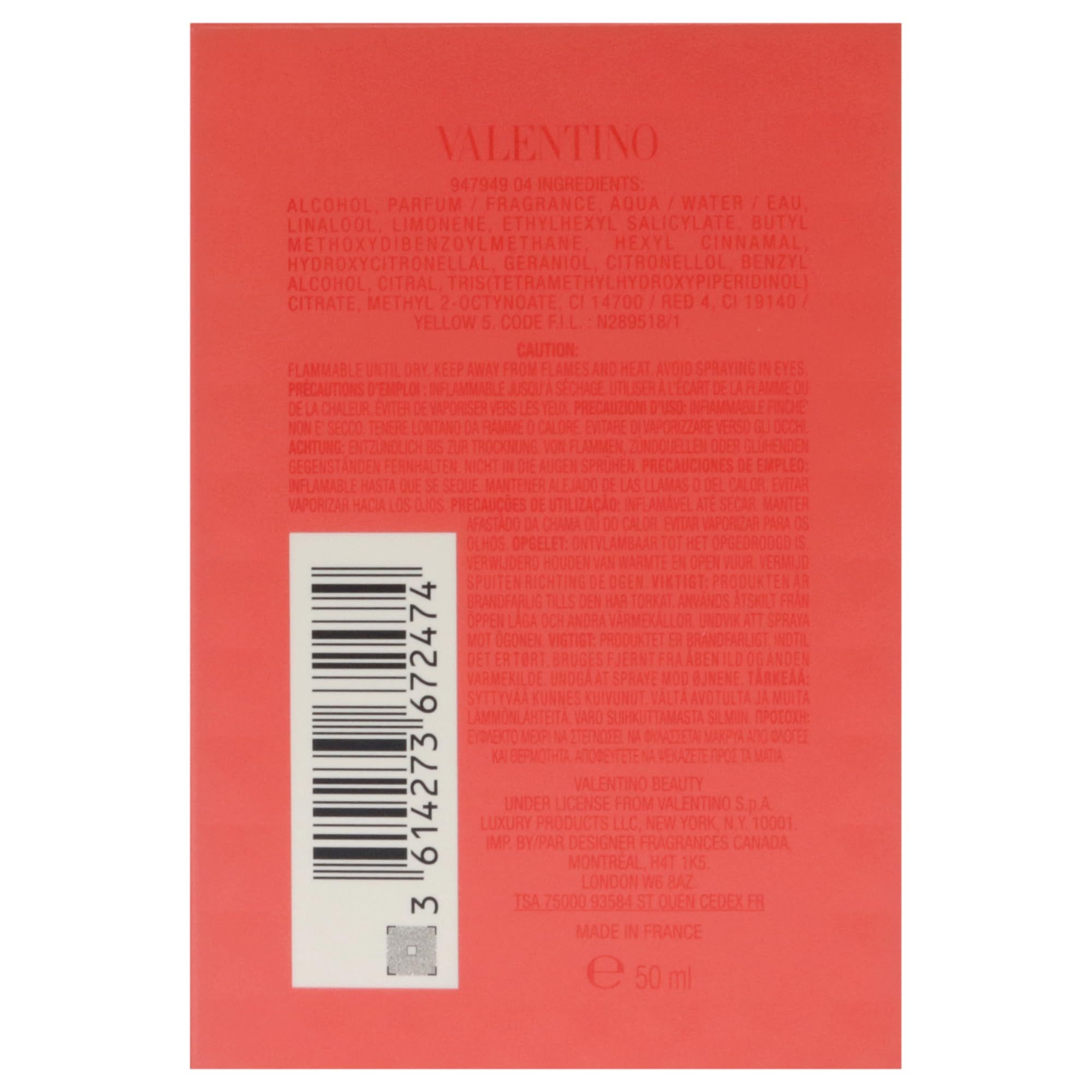 Rückseite der Valentino Born in Roma Coral Fantasy Verpackung. Inhaltsstoffe, Warnhinweise und Barcode.