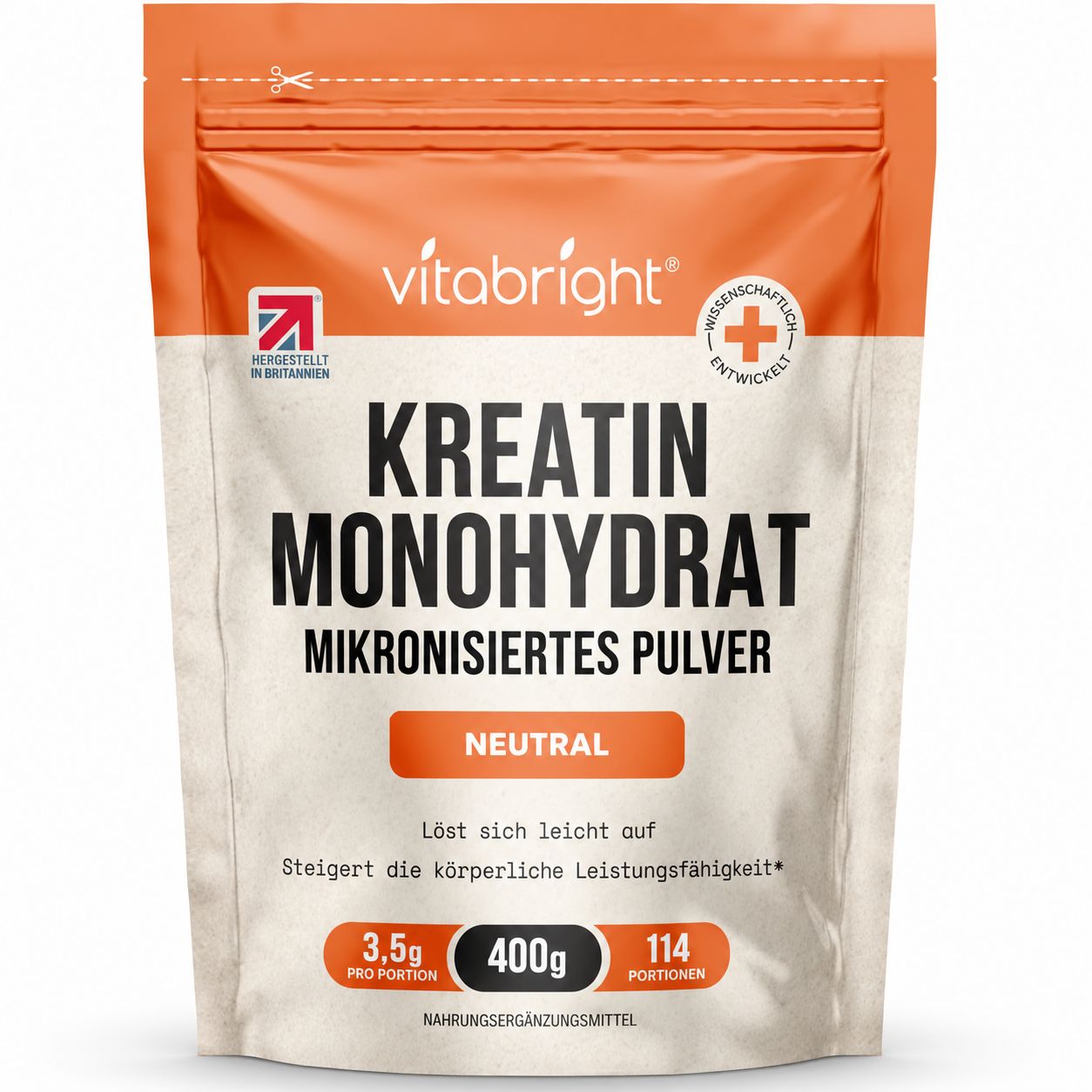 Verpackung von Kreatin Monohydrat Pulver, neutral, 400g.